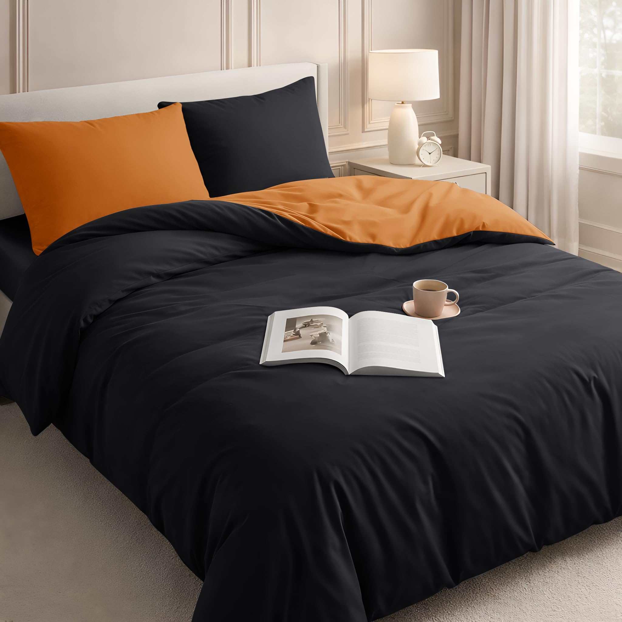 Velosso Duvet Cover Sets - Brushed Microfibre Duvet Covers with 2 Pillowcases - Hypoallergenic Ultra Soft Breathable Quilt Cover Set (Black/Orange, Double) — image 1