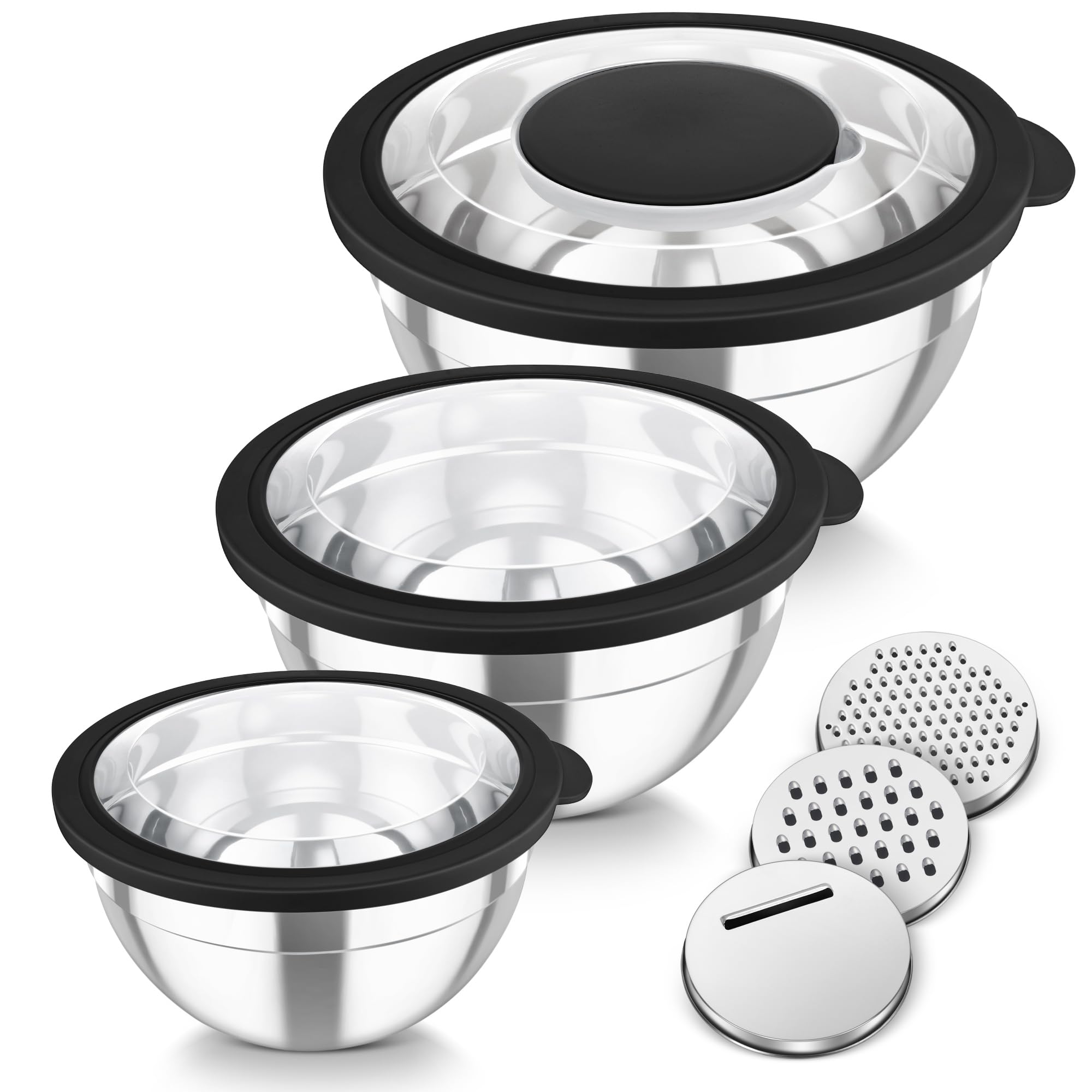 TeamFar Mixing Bowls, 3PCS Stainless Steel Serving Salad Bowls with Lids & 3 Graters, For Kitchen Mixing/Baking/Storing/Prepping, Visible & Airtight, Easy Clean - 4.5/3 / 1.5 QT, Black