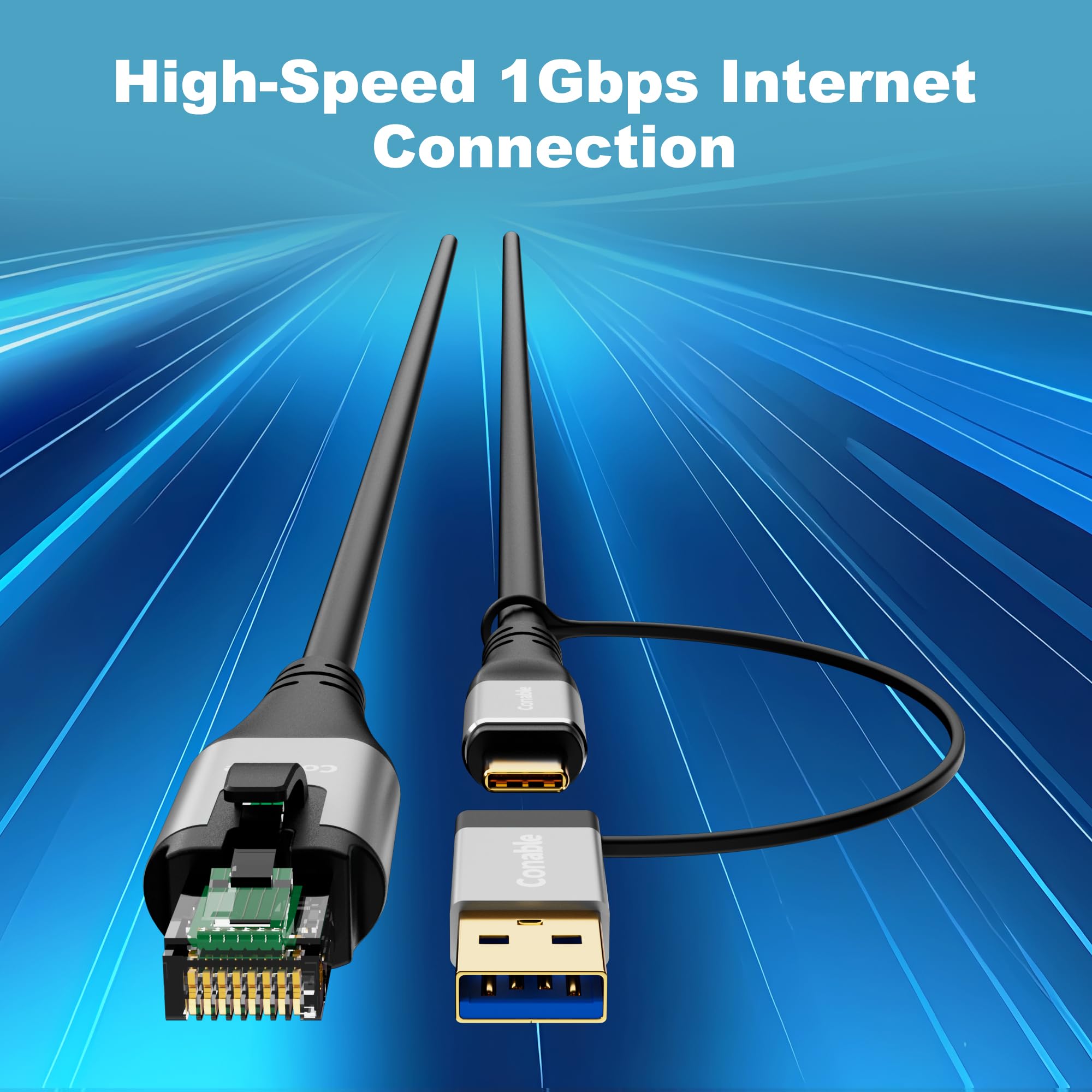 Câble USB vers Ethernet 2,4 m, port USB-C et USB-A deux en un, adaptateur réseau USB C vers RJ45, Gigabit haut débit, directement connecté, compatible Thunderbolt 4/3 avec PC, ordinateurs portables,