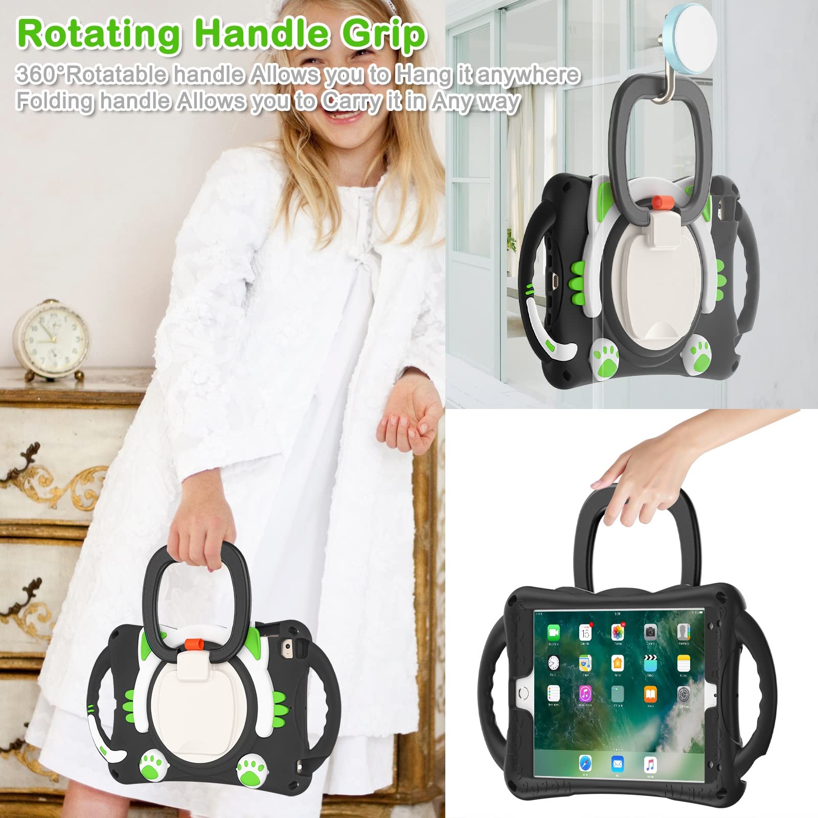 Etui na iPada Mini 1/2/3/4/5 uroczy kot dla dzieci przyjazny pokrowiec ochronny odporny na upadki odporny na wstrząsy W obrotowa podpórka + uchwyt + pasek na ramię (czarny + zielony)