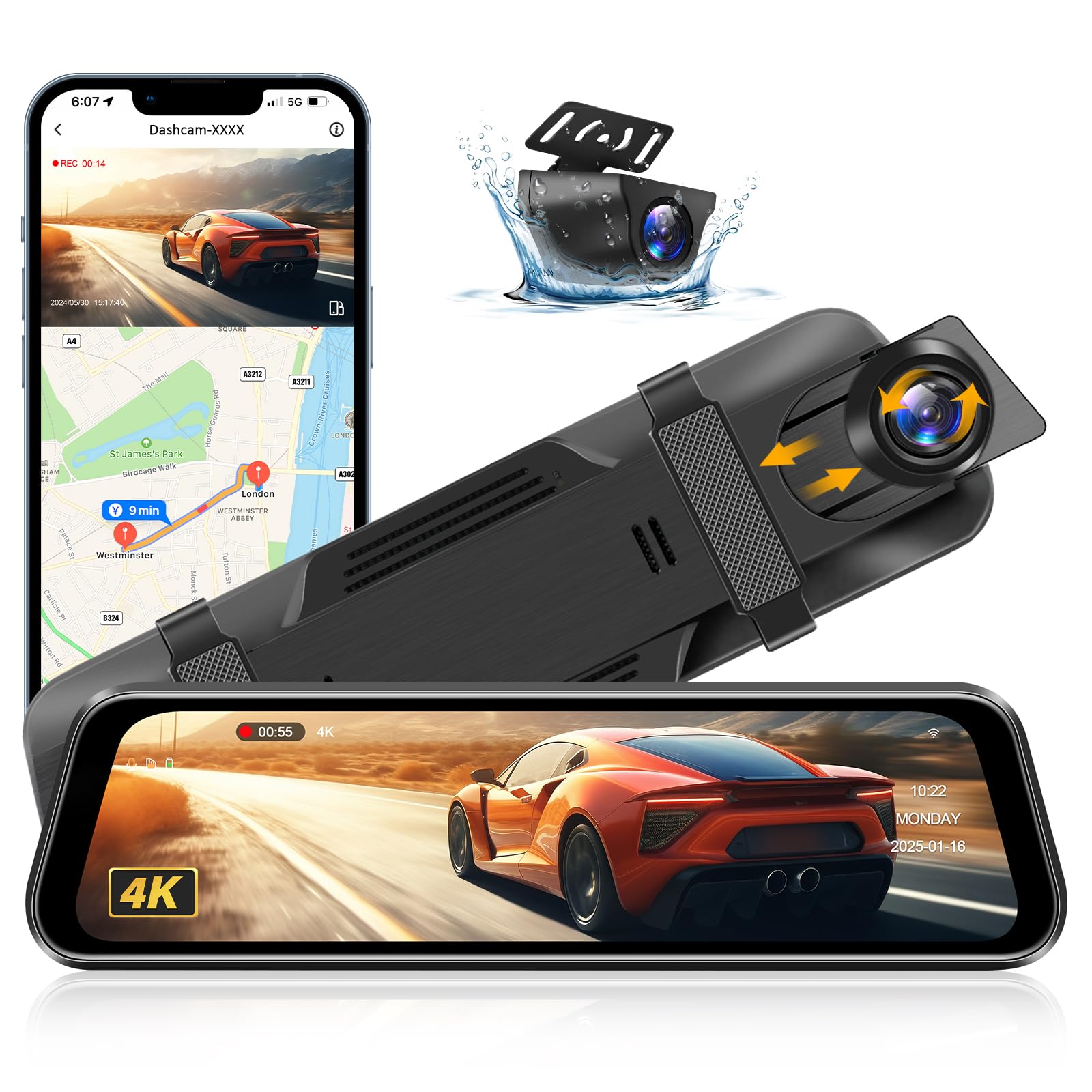 Vtopek WiFi Dash Cam Auto 4K 10" Dashcam Specchietto Retrovisore Sensore G | Registrazione in Loop, WDR, Visione Notturna, Grandangolare 140°+170°, Impermeabile IP69 Retrcamera per Camper Furgone SUV 6m