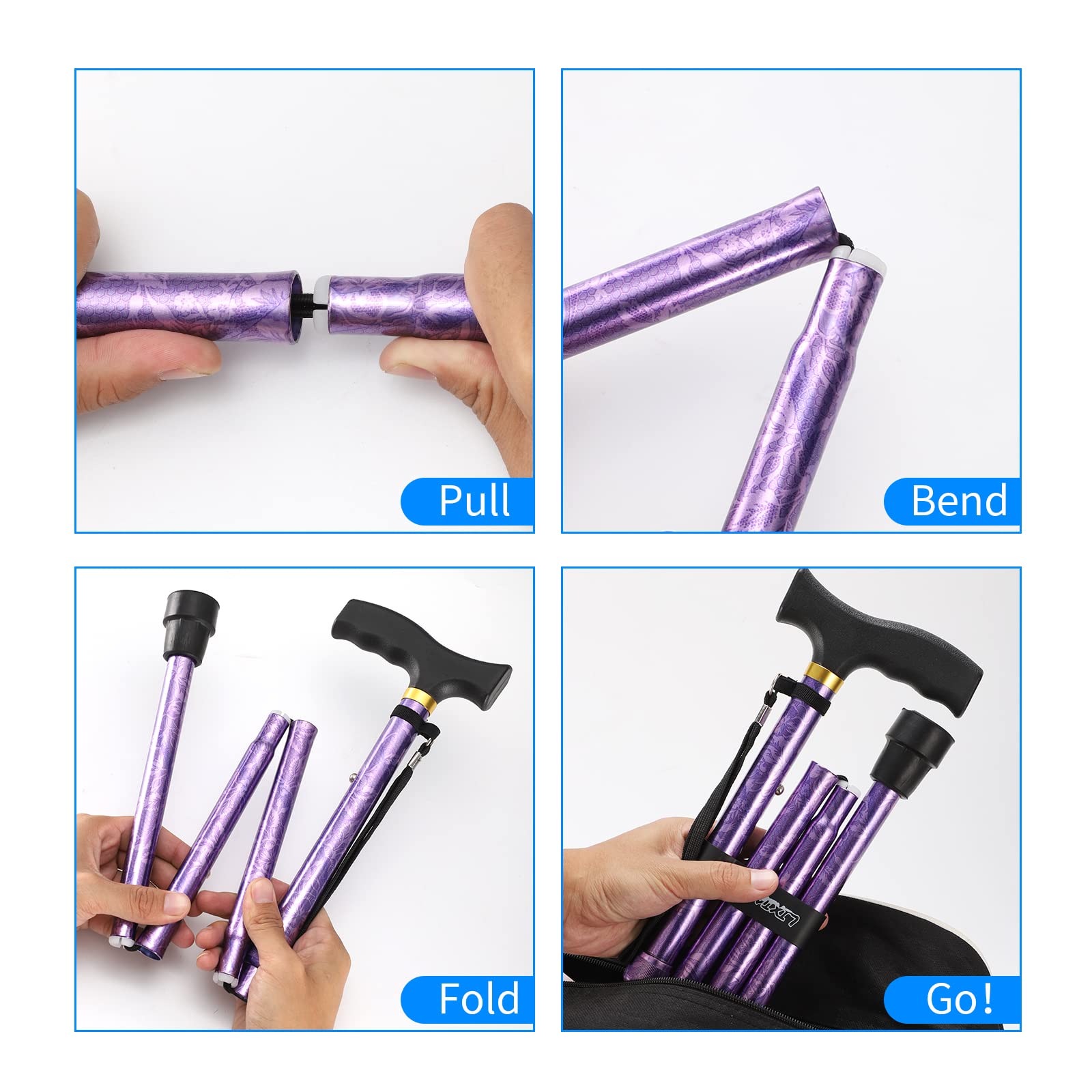 LIXIANG Bastón plegable, altura ajustable de 5 niveles para hombres y mujeres con cómodo mango en T de plástico portátil (flor morada)