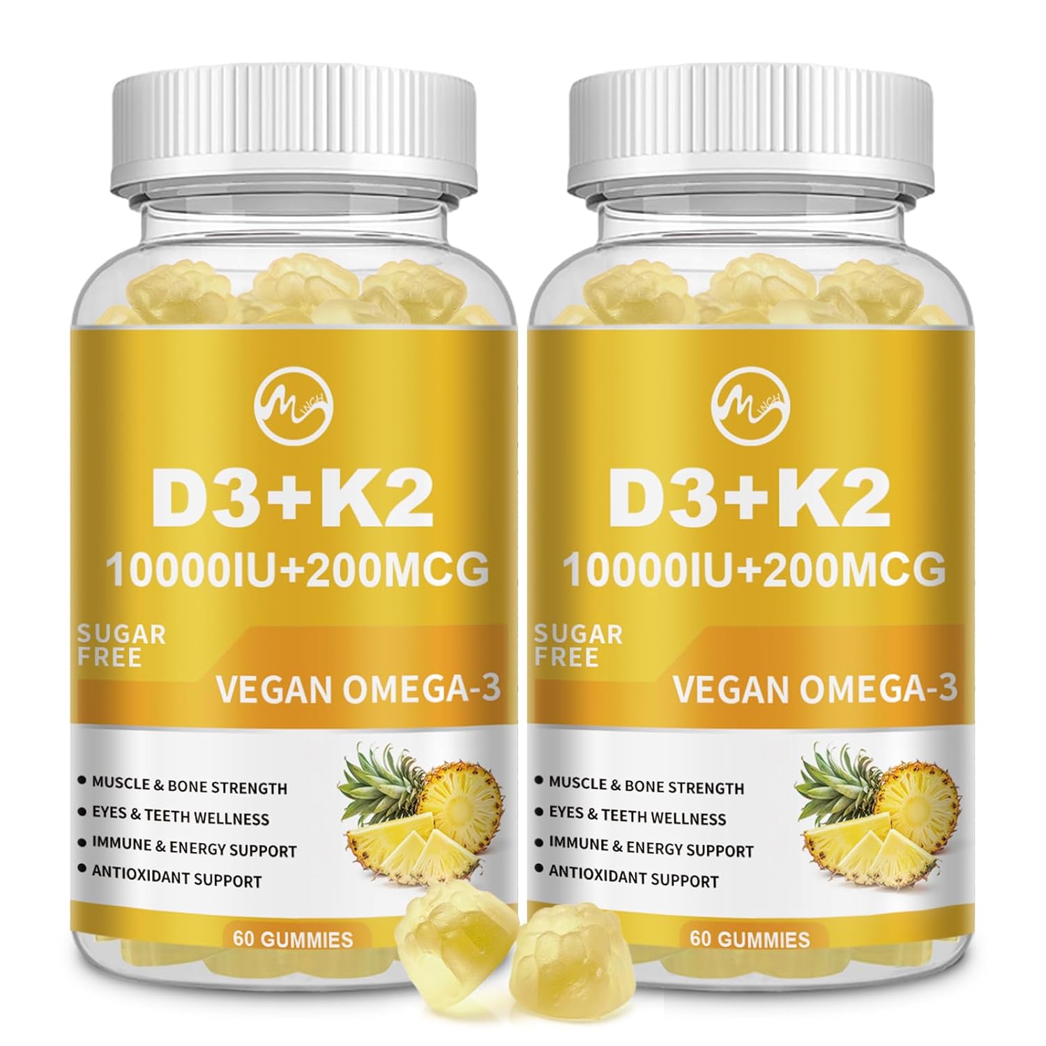 Gomas de Vitamina D3 K2, 10000IU de Vitamina D3 e 200mcg de K2, Suplemento 6 em 1 com Ômega-3, Magnésio, Cálcio e Zinco para Suporte Ósseo e Imunológico