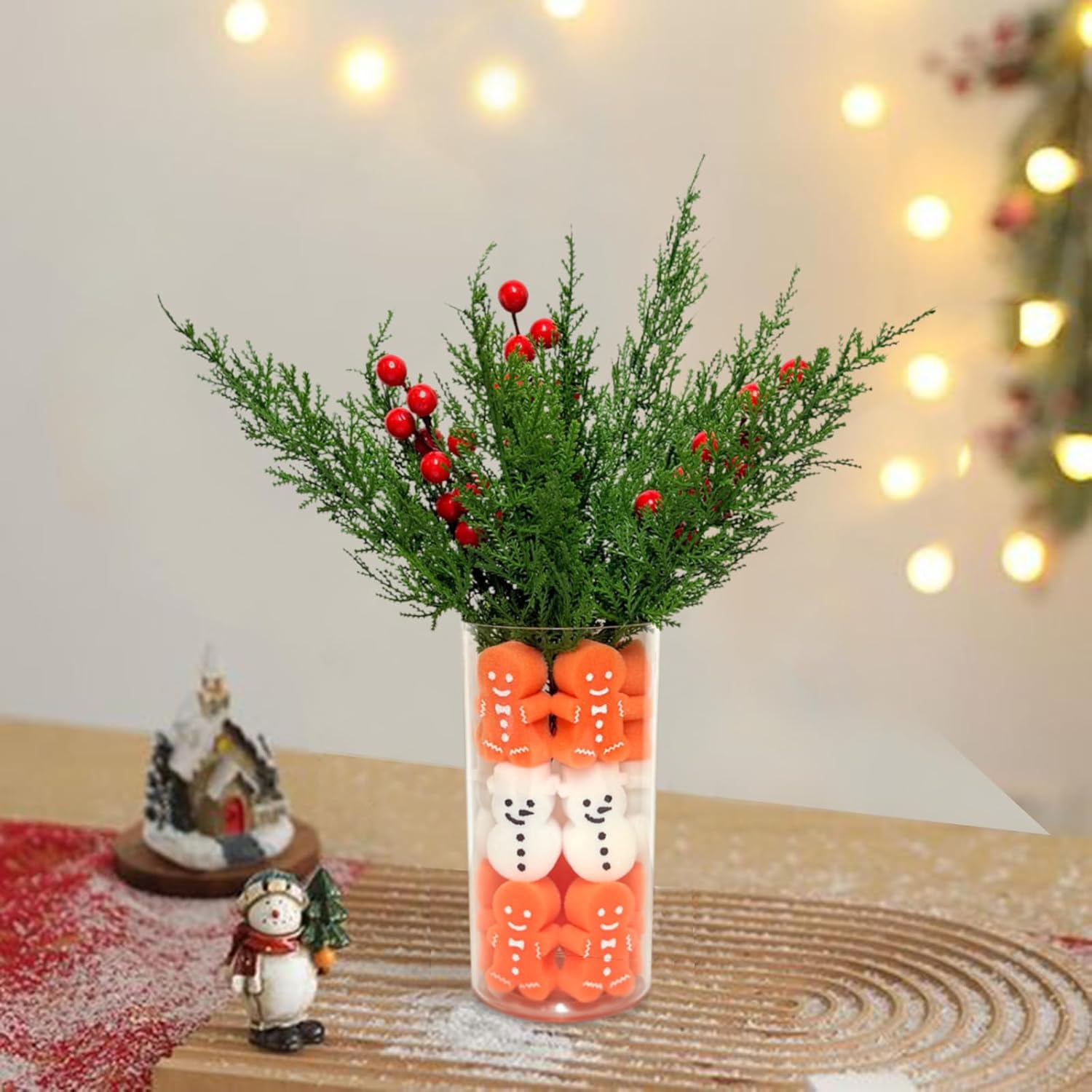 72Pcs Christmas Artificial Pine Branches Red Berry Stems with Gingerbread Man Snowman Vase Filler Set, Christmas Vase Fillers Party Decoration Centerpieces for Tables