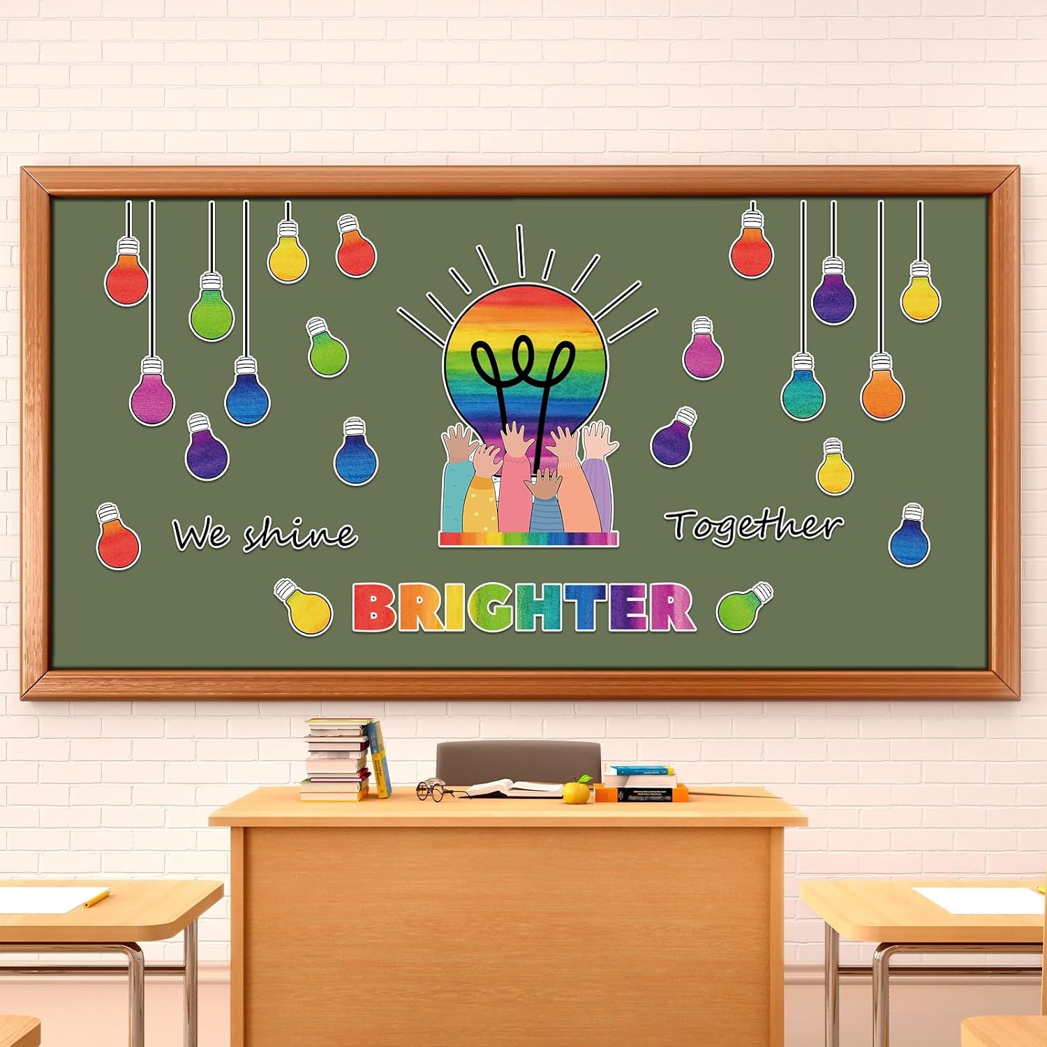 Tevxj Light Bulb Bulletin Board Set Back to School Classroom Decorations Rainbow Cutouts Colorful Light Bulb Wall Decals Rainbow We Shine Brighter Together Paper-Cuts for Birthday Party Nursery Decor image 5