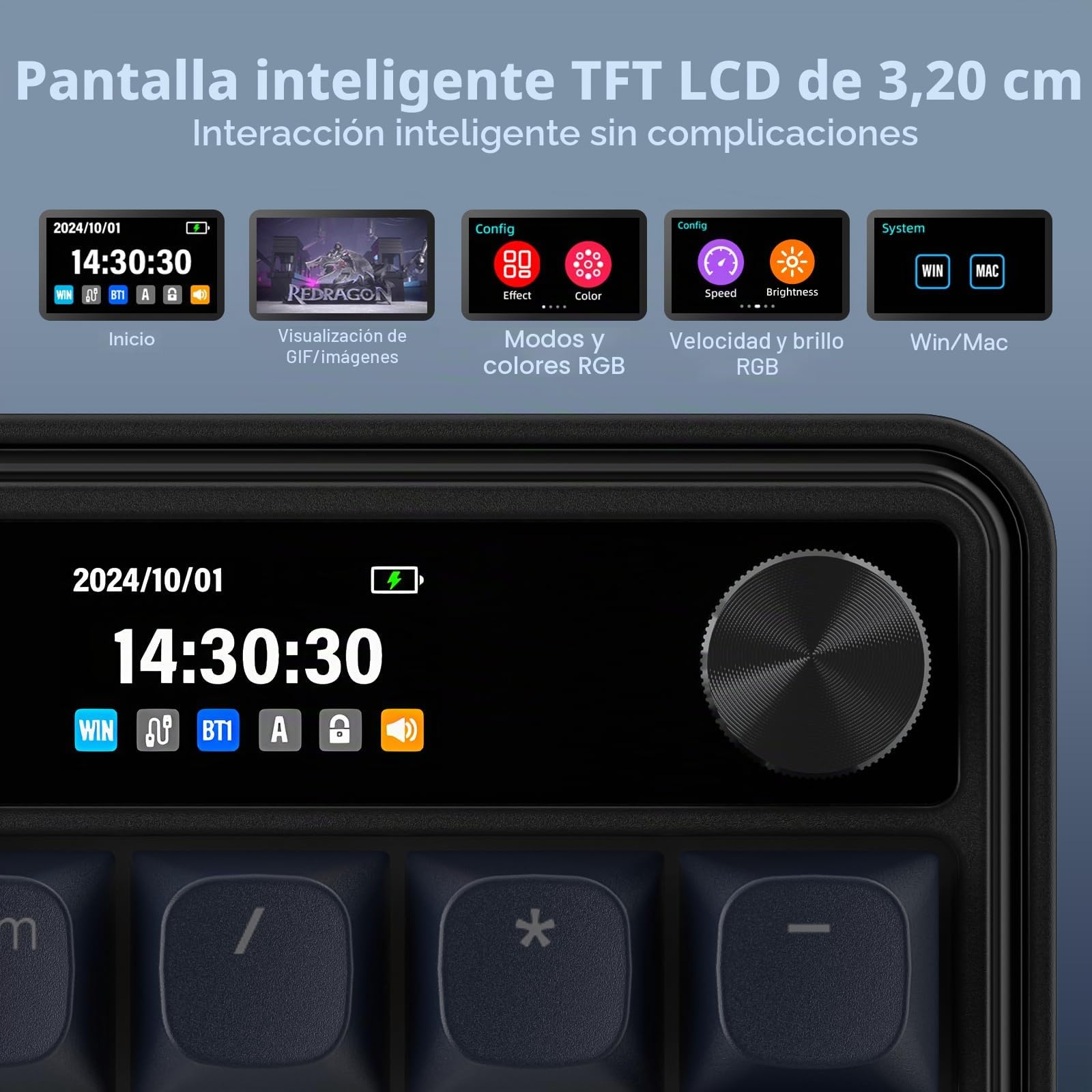 Redragon K761 Teclado Gaming Inalámbrico Pantalla Hype Perilla 104 Teclas | Pantalla TFT 1.14 Pulgadas Fácil Control 5 Capas Amortiguación Ruido Mecánico Gasket