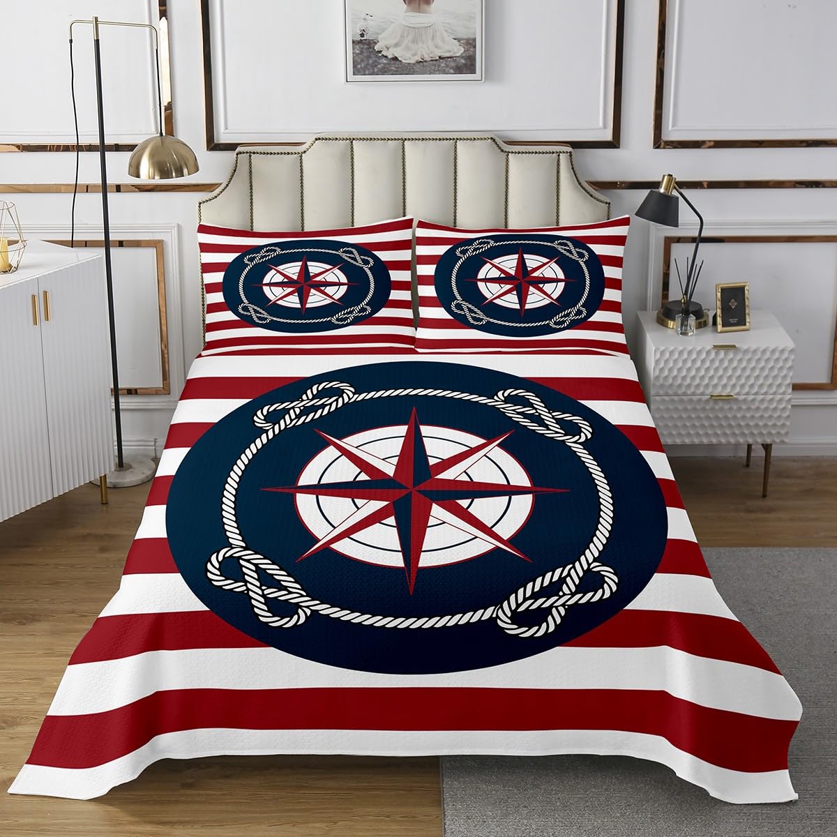 Juego de colcha con brújula para niños, tamaño King, diseño de pirata, mar, aventura, ancla marina, colcha acolchada para mujeres y hombres, decoración de habitación