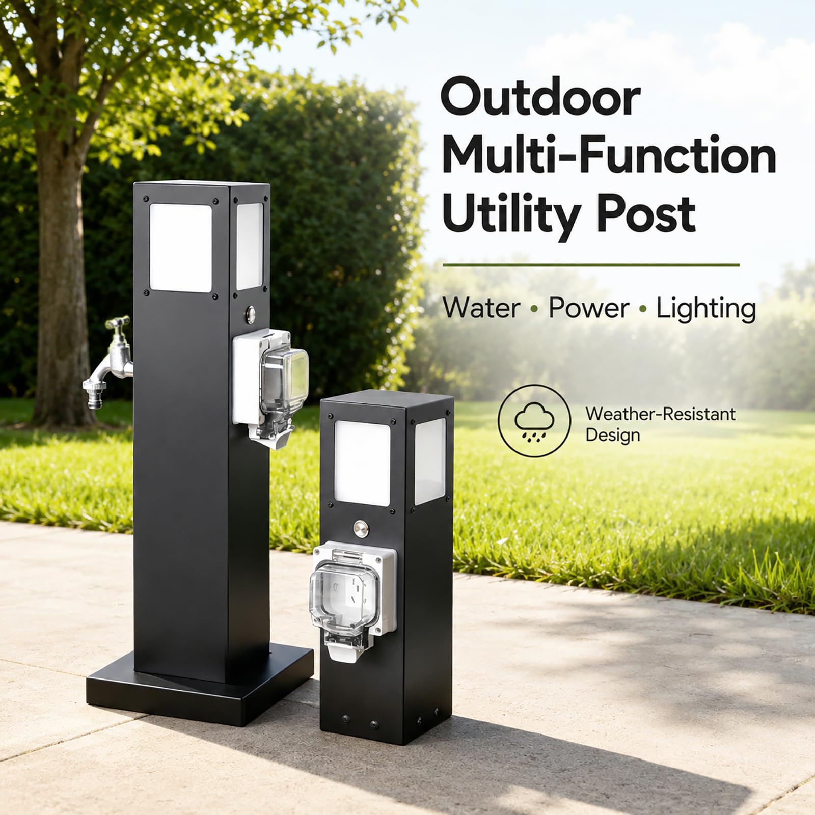 Colonnina da Giardino con Presa Ip66, Rubinetto E Luce LED, Acciaio Inox A600 3