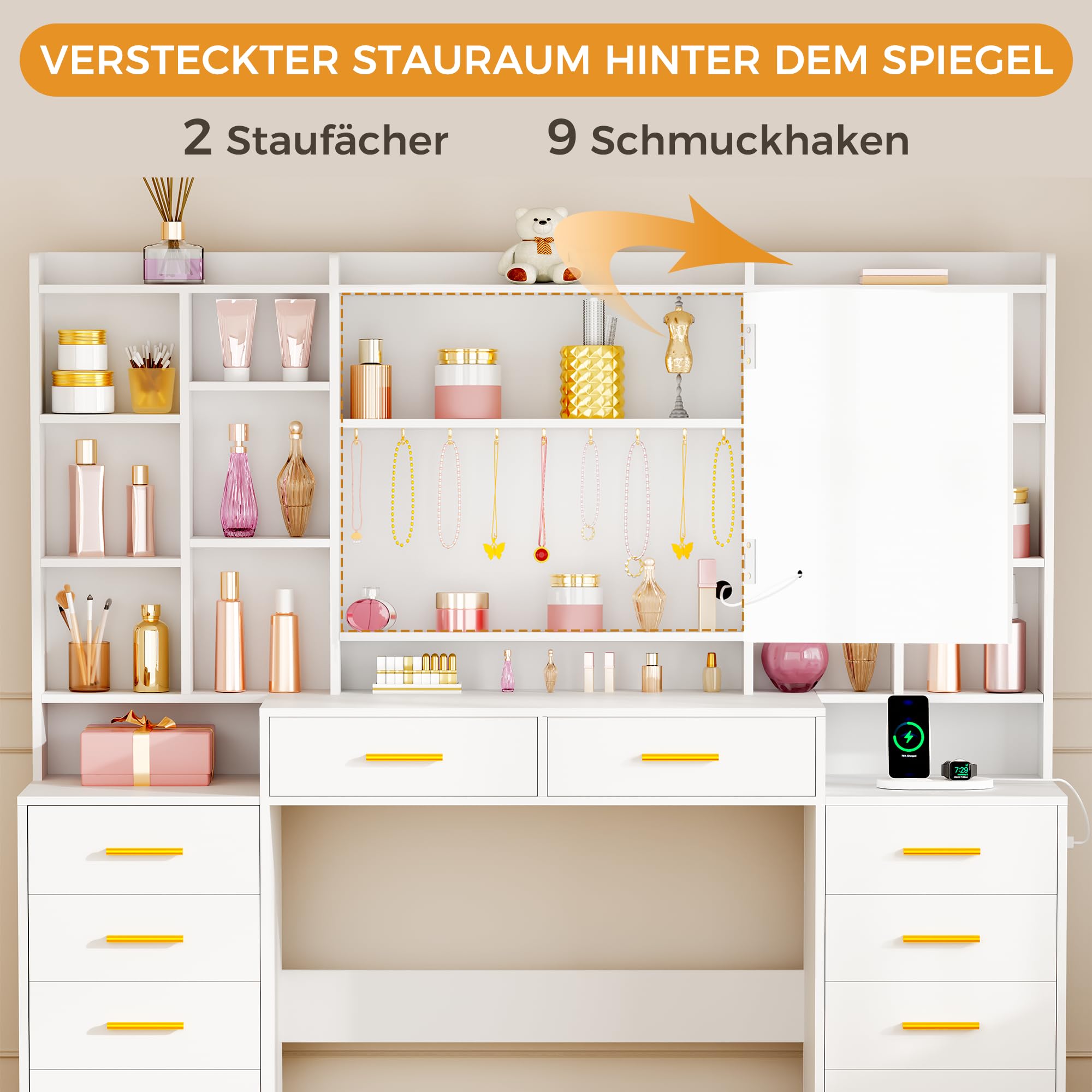 ANWBROAD 150cm Großer Schminktisch mit Spiegel und Beleuchtung Kosmetiktisch mit Steckdosen Schminktisch mit 10 Schubladen 15 offene Regale 9 Schmuckhaken Stauraum Hinter dem Spiegel Weiß BDT17W