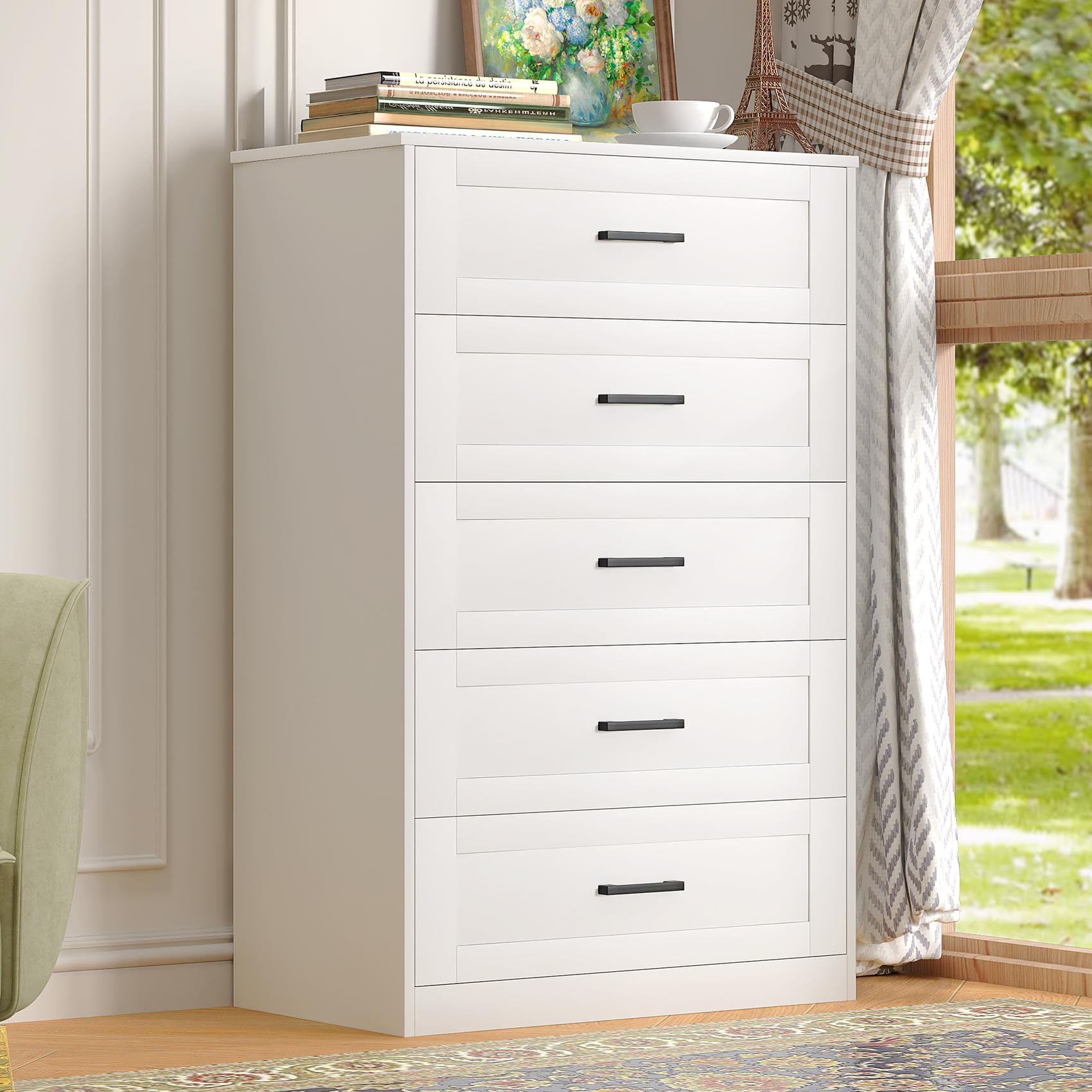 Frmobepts 5 Drawer Dresser for Bedroom, White Dresser with Deep Drawers, Modern Tall Dresser Farmhouse Wooden Dresser Chest of Drawers for Living Room