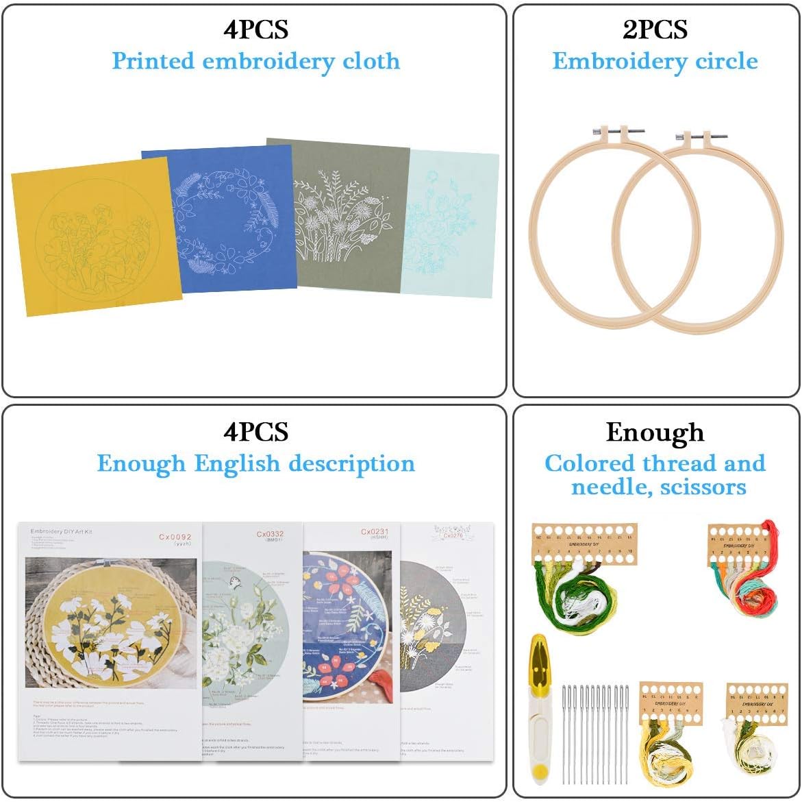 Mlife 4 Sets Embroidery Kit for Starter, Full Range of Hand Embroidery Cross Stitch Kit with Instructions, Floral Pattern, Embroidery Hoops, Color Threads and Scissors