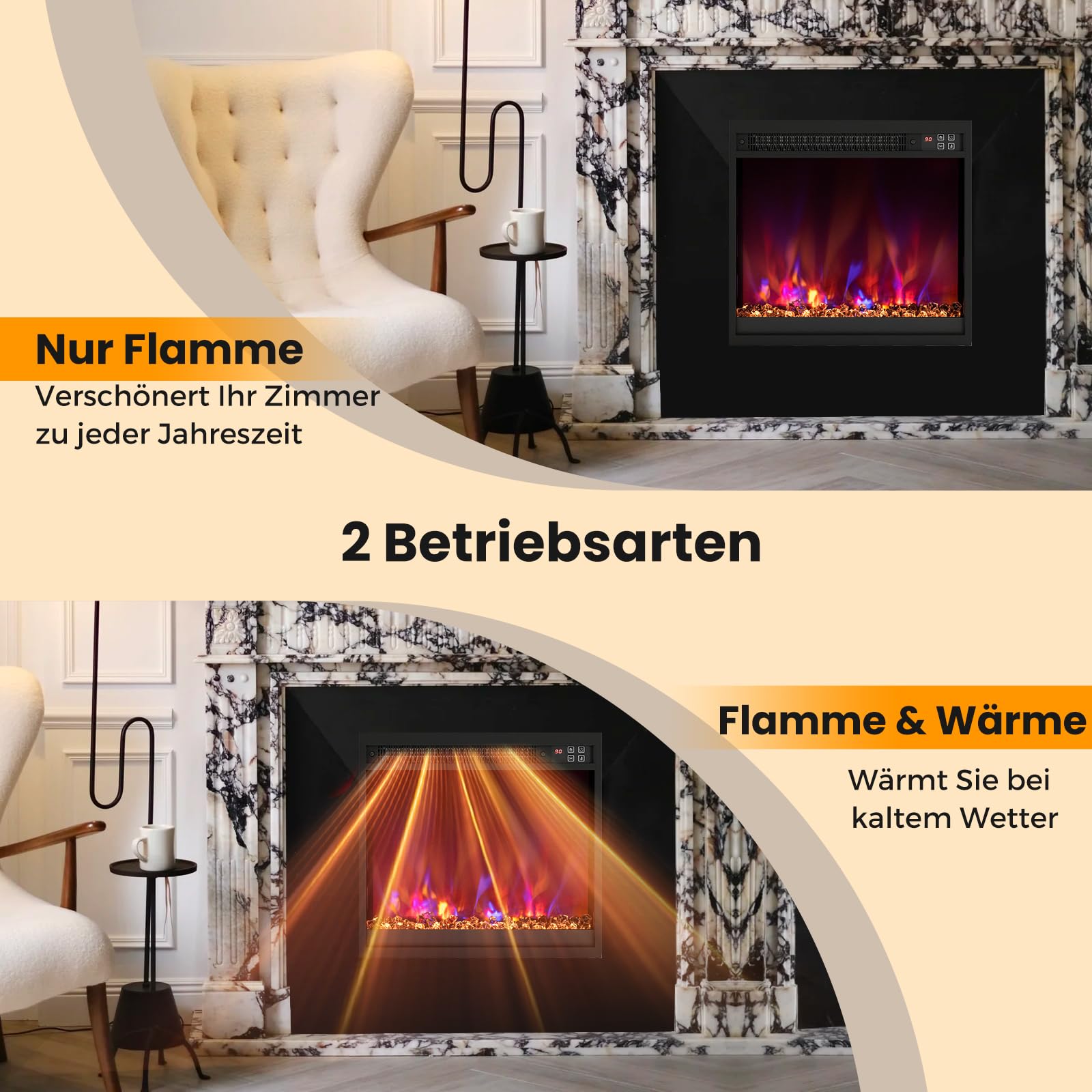 RELAX4LIFE 18" Elektrokamin mit heizung, schwebender Kamin mit LED-Ambientelicht & 3D-Flammeneffekt & Kristall-Glutbett, Deko Wandkamin mit Fernbedienung, 1500 W, 8 Flammenfarben, 9H-Timer, 17℃-32℃