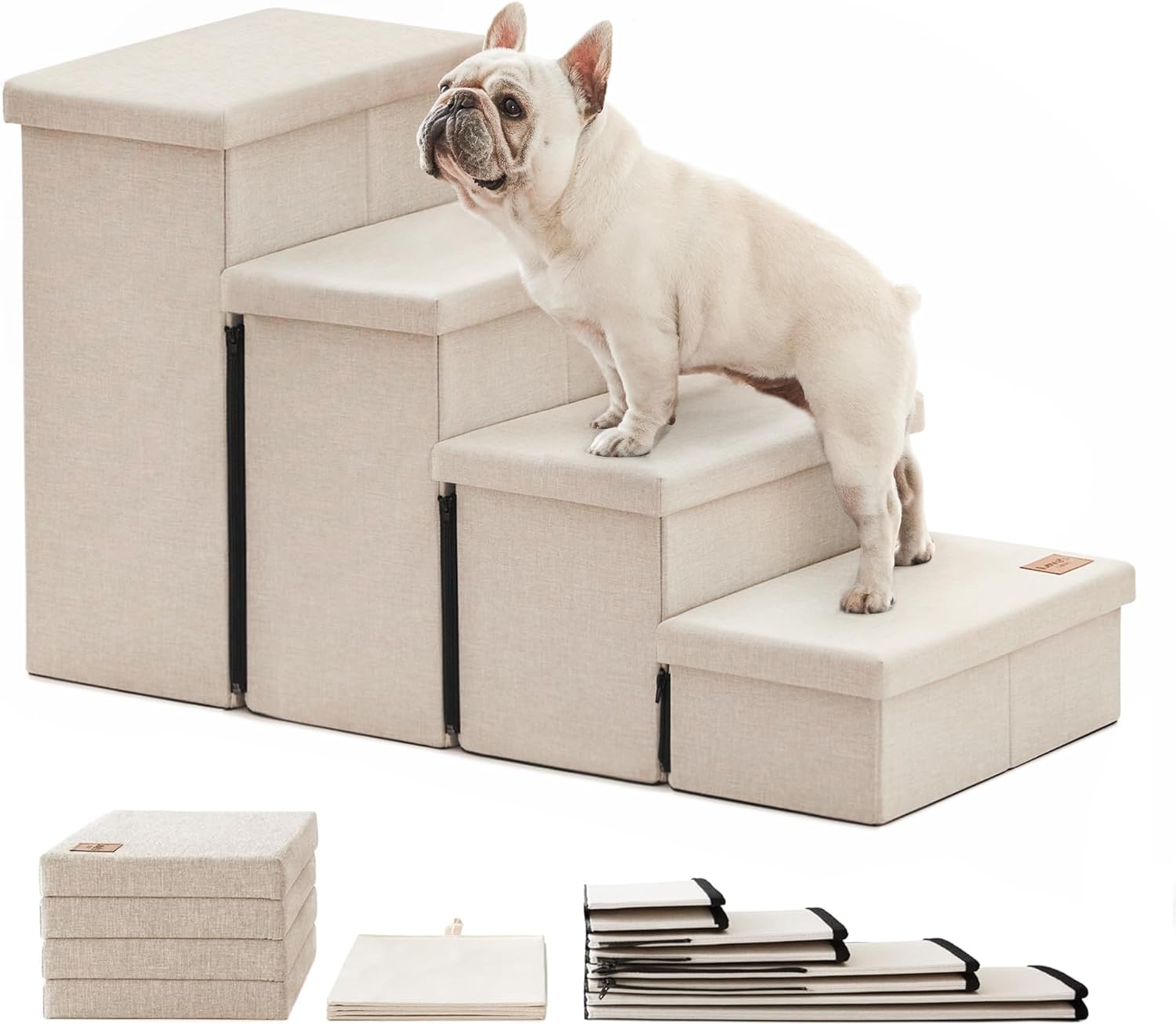 love's cabin dog stairs for small medium or large dogs with storage and adjustable steps, foldable pet steps for bed or couch, 4-step beige folding cat ramp with zip up to 200 lbs,beige beige 4-stairs-storage