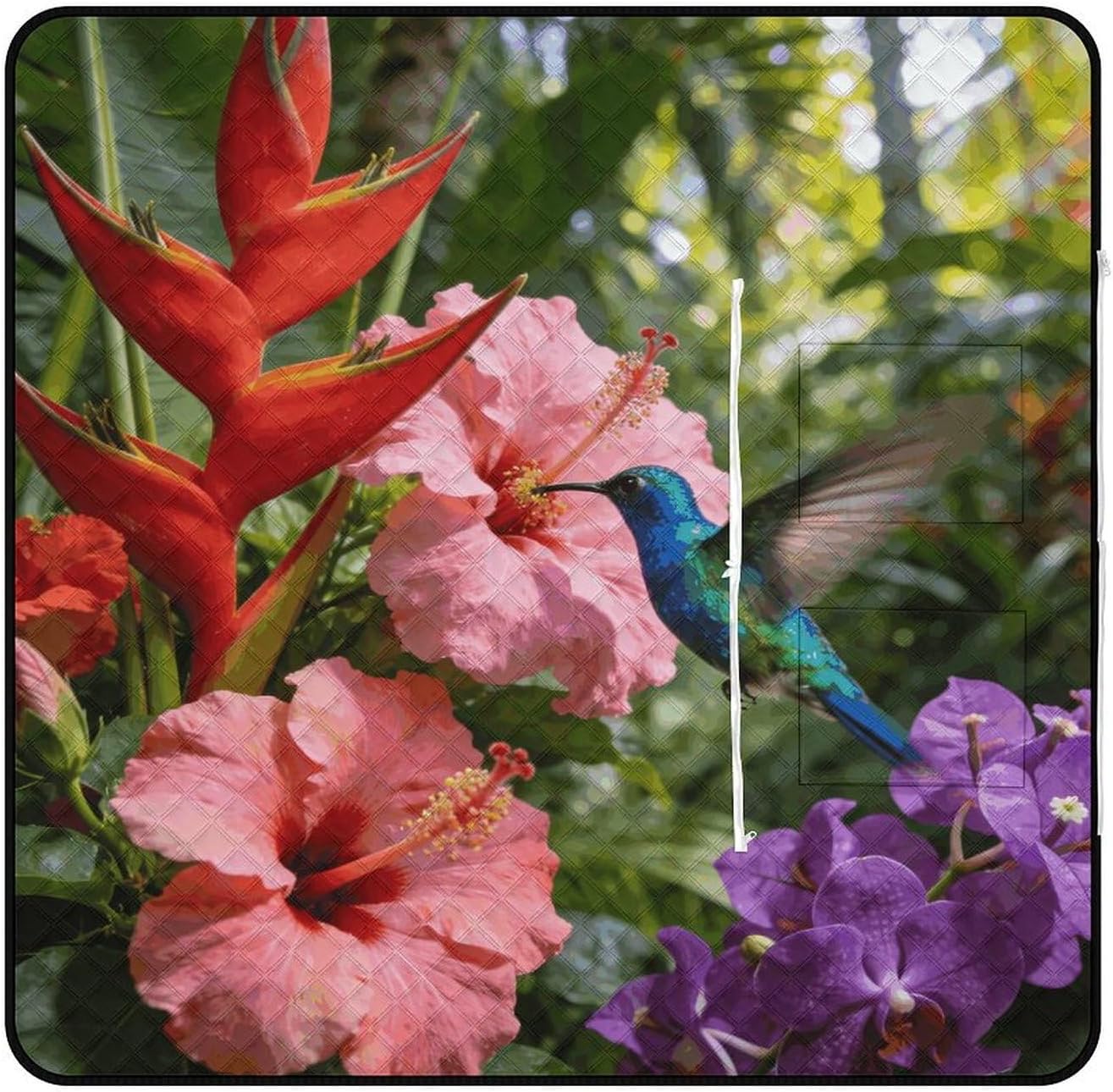 Tropical Flowers and Hummingbirds Picnic Blanket with Zipper Water Resistant Sand Free Picnic Mat Washable Foldable Easy Carry Beach Blanket for Lawn Beach Hiking Camping