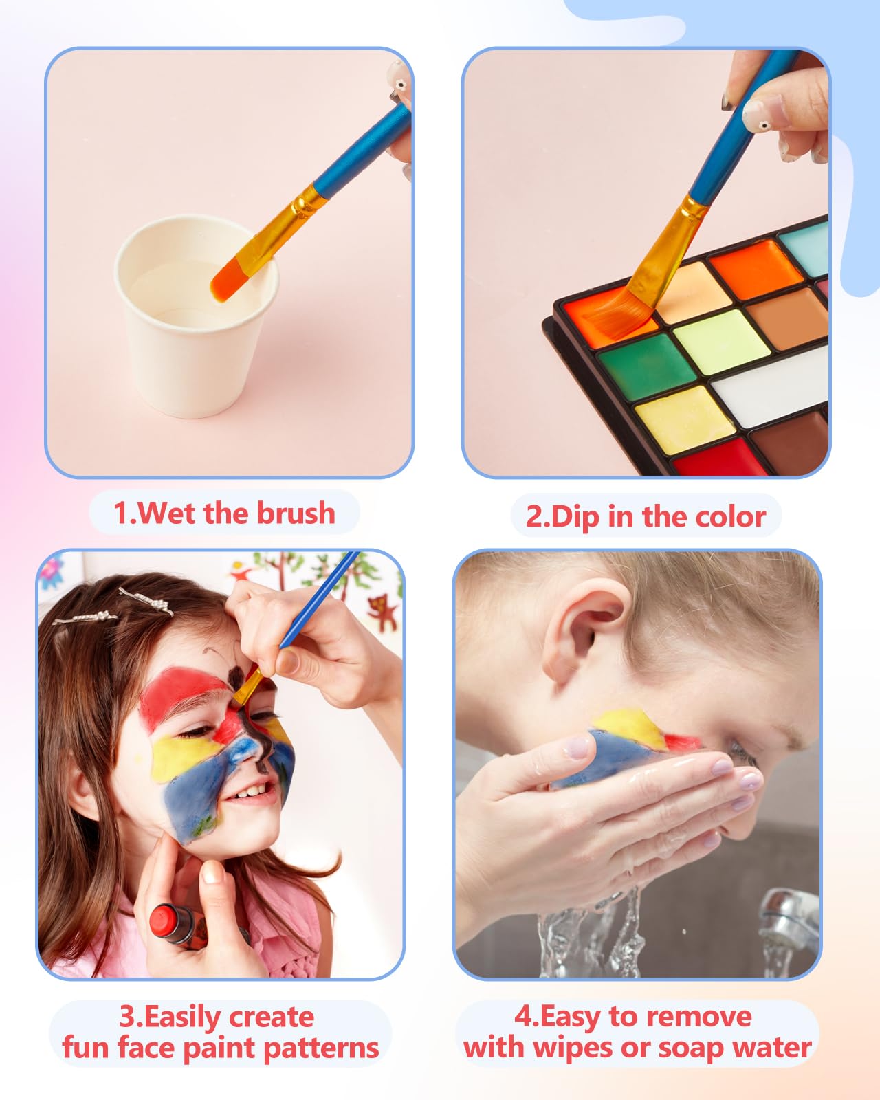 Lictin Truccabimbi Kit,Face Paint-36 Colori,Kit per La Pittura del Viso per Bambini,10 Pennelli Professionali,30 grafica per festa di Halloween, compleanno, Natale Paletta di bellezza,grande regalo