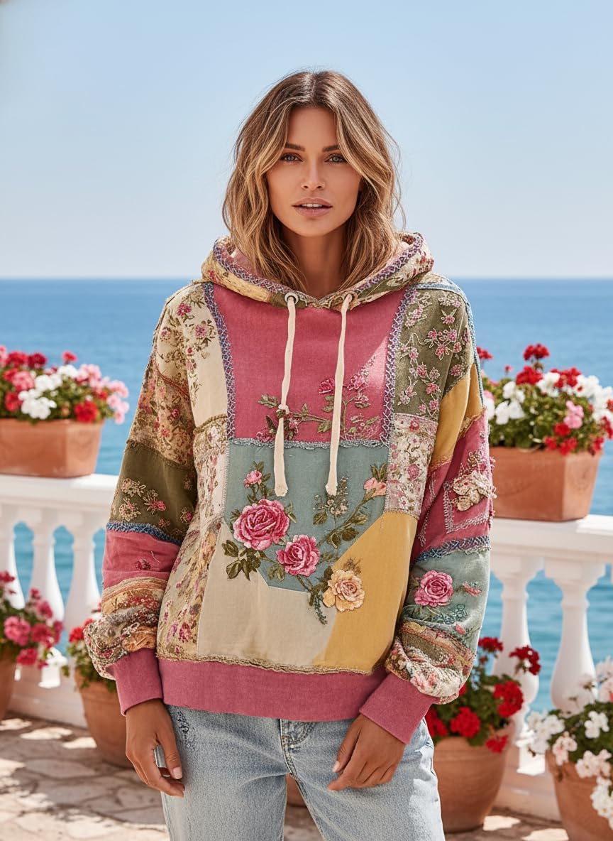 Women's Vintage Boho Patchwork Floral Hoodie Oversized Rose Print Sweatshirt Casual Loose Pullover with Drawstring - Image 3