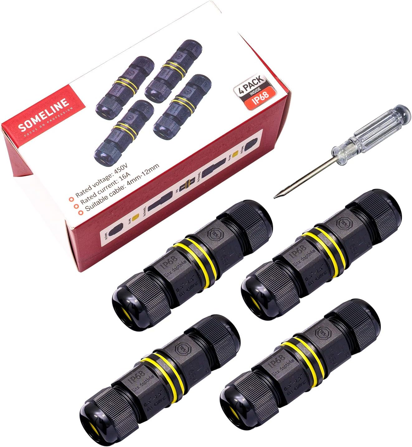 Connection Sleeve Cable Connector Waterproof IP68 Connection Box for Ø4-12 mm Cable Diameter with 3 Pole PEBA 4-Pack Black