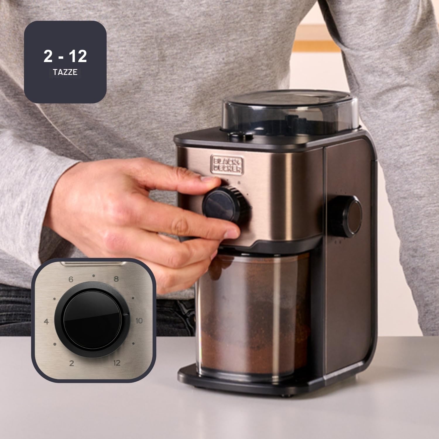 BLACK+DECKER - Macinacaffè Elettrico BXCG151E | Serbatoio 200g | 14 Livelli di Macinatura | Capacità 12 Tazze | Acciaio Inox Anti-Impronte | Caffè Fresco e Aromatico | Coperchio Trasparente
