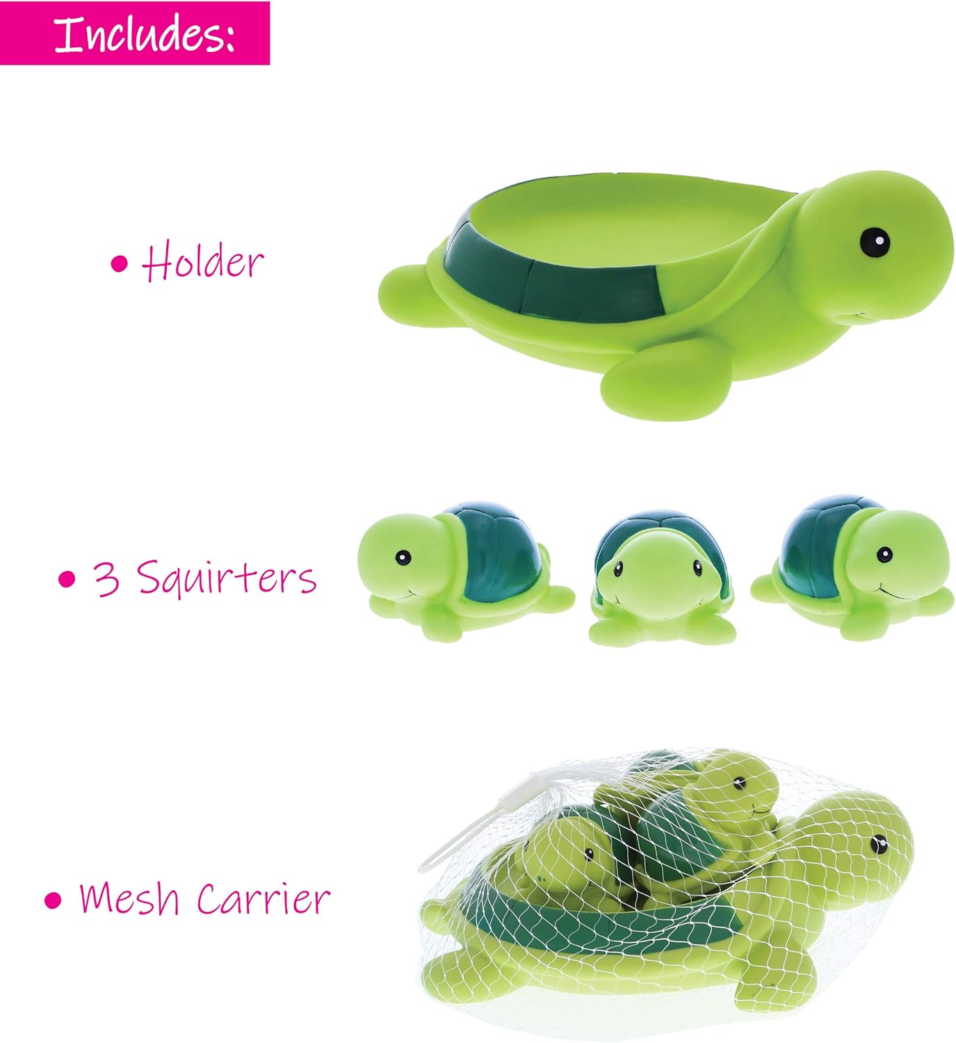 Dollibu Green Sea Turtle Family Animal Bath Squirters 4 Piece Bath Toy Set, Kids Bath Toys for Bathtime & Water Fun, Girls & Boys Floating Cute Animal Rubber Squirt Toys, Pool Toys for Kids