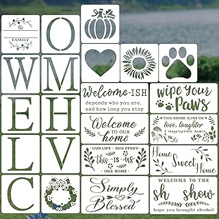 22 Pieces Large Letter Welcome Stencils for Painting on Wood, Reusable Farmhouse Stencil Plastic Wood Burning Stencil Word Painting Stencil Craft Template for Wood Porch Sign Wall Home Decor