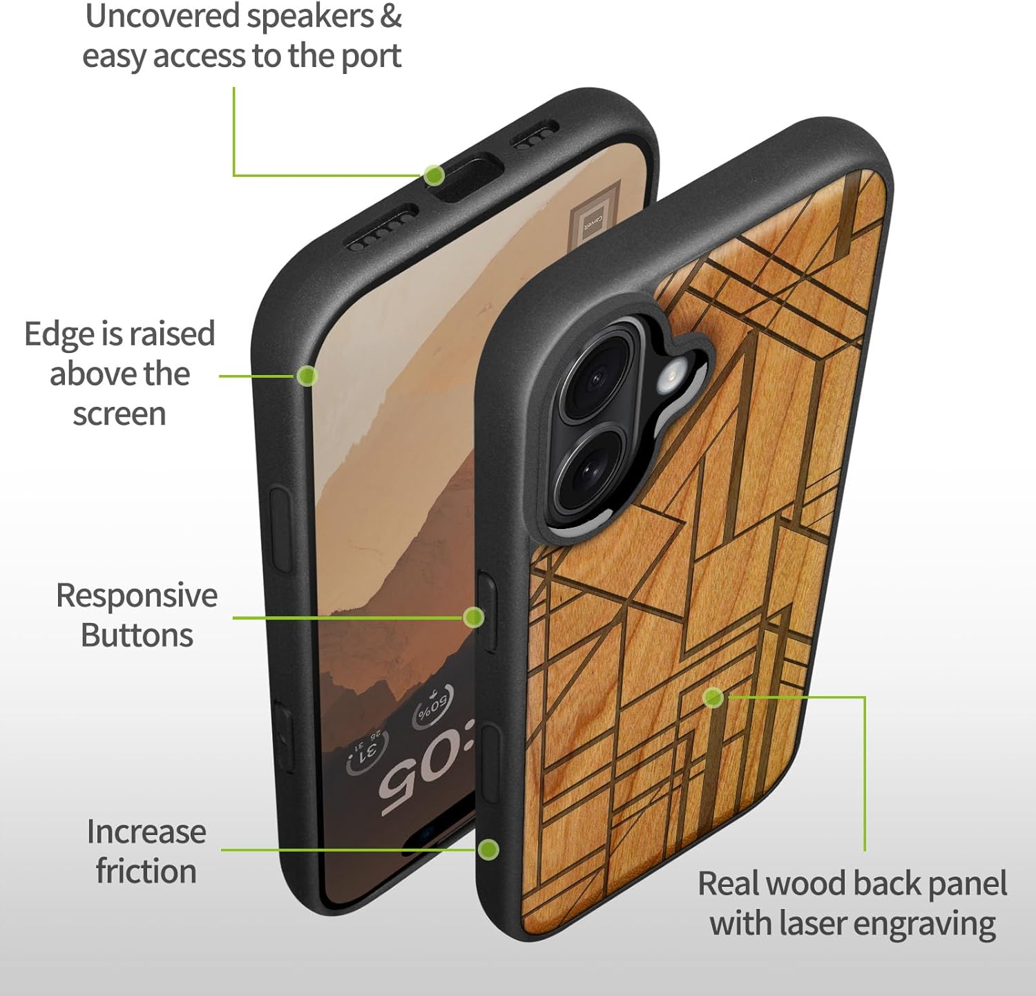 Carveit Magnetic Wooden Case for iPhone 16 Case, Wood Artisan Engraved & Black Soft TPU Shockproof Cover, Compatible with MagSafe Wireless Chargers (Geometric Figure) Cherry