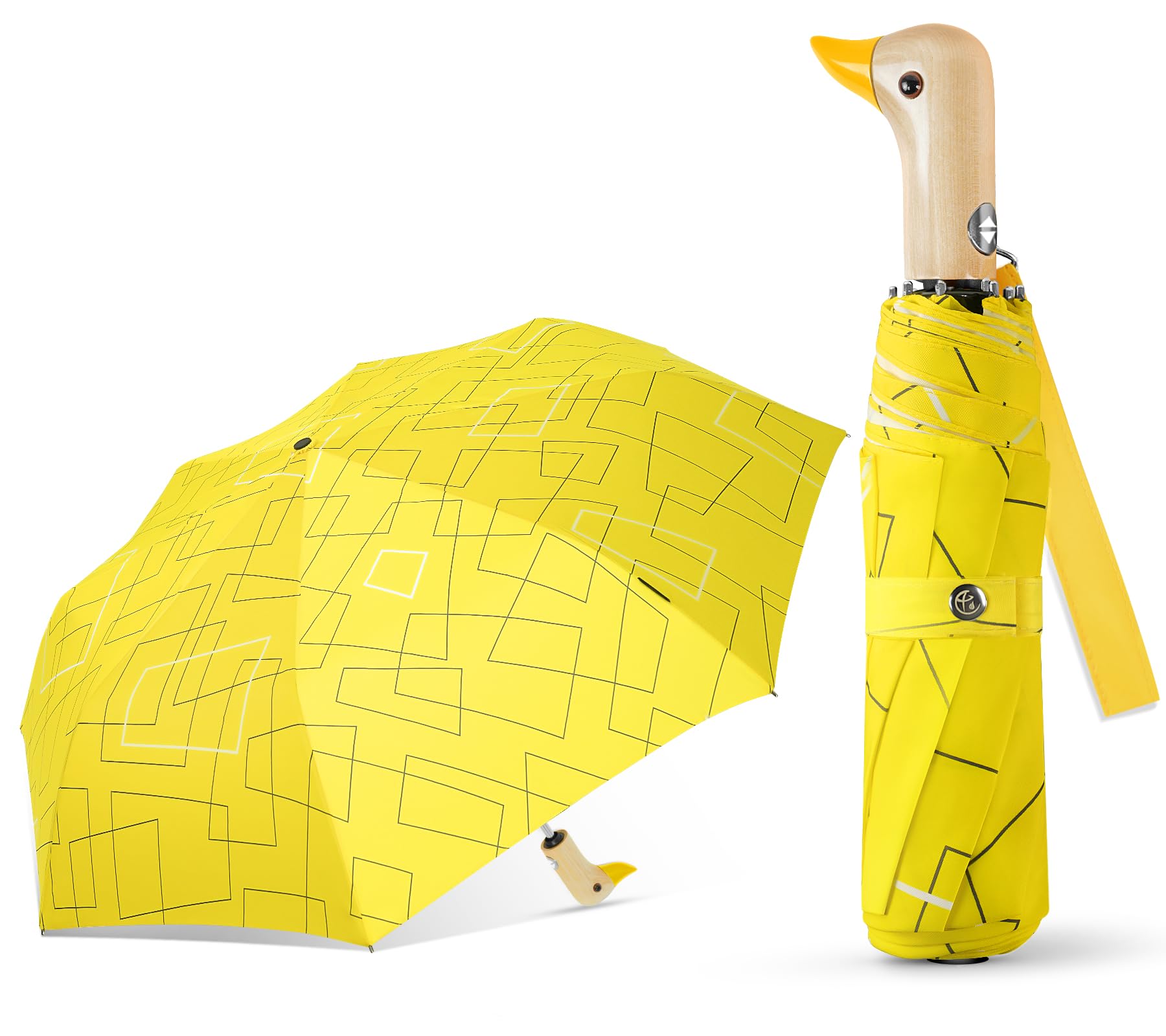Natuquebrela Cute Duck Umbrella Automatic - Compact Pretty Pocket Size Strong Duck Collapsible Umbrella Yellow Wooden Handle for Women