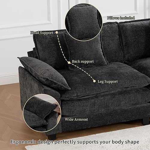 Miniatura 5 de Sofá seccional modular negro de 117.3", sofás seccionales grandes de 3 asientos para sala de estar, sofá nube oversized de tela chenille con Negro