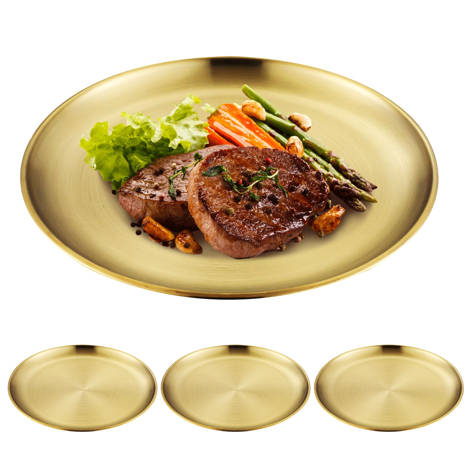 4 vassoi dorati rotondi: 23 cm 201 in acciaio inox 201, piatto decorativo oro, vassoio rotondo Go ld, piatto in metallo per cucina, ristorante, caffetteria, campeggio, cucina, feste