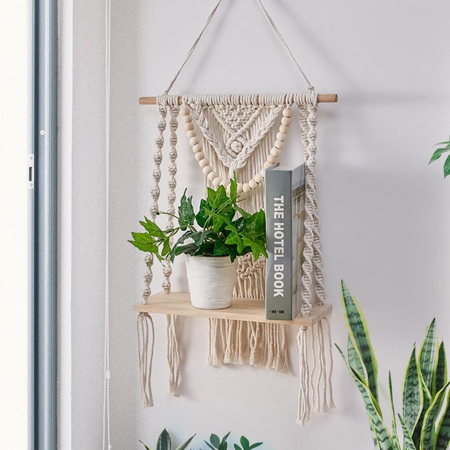 Macrame Wall Hanging Shelf Tier 1, Handmade Woven Boho Shelf Decor Macrame Wall Decor, Floating Hanging Plant Shelf Storage Organizer for Bathroom Bedroom Nursery