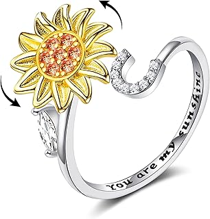 Fidget Rings for Anxiety for Women Sunflower Initial Letter Spinner Open Adjustable Ring CZ Daisy Stress Relieving Rings Jewelry Gift for Women Valentine's Day You are My Sunshine Ring