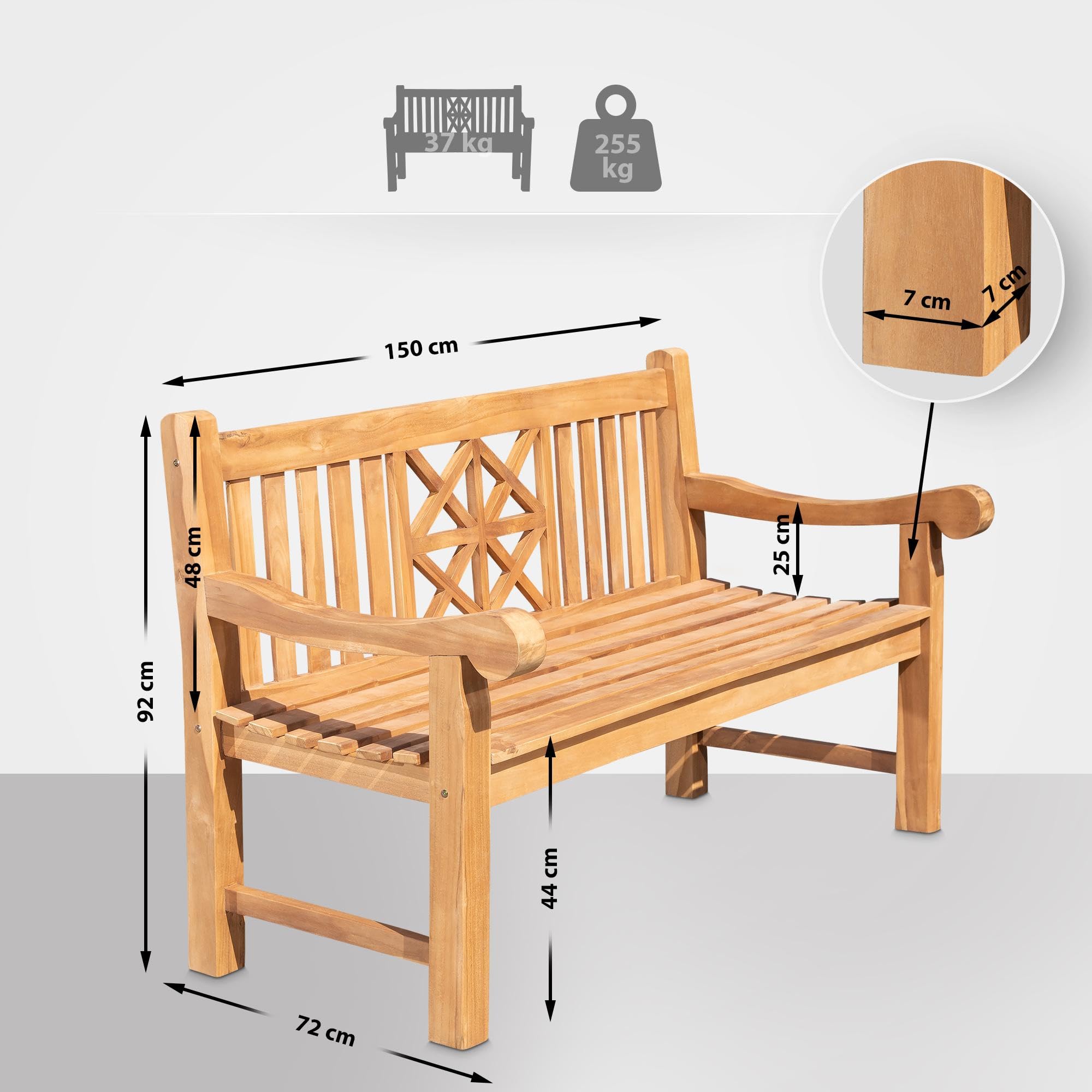 CLP Banc De Jardin en Bois De Teck Florida I Dossier Ajouré I Capacité De Charge 225 Kg I Résistant Aux Intempéries, Couleur:Teck, Taille:150 cm