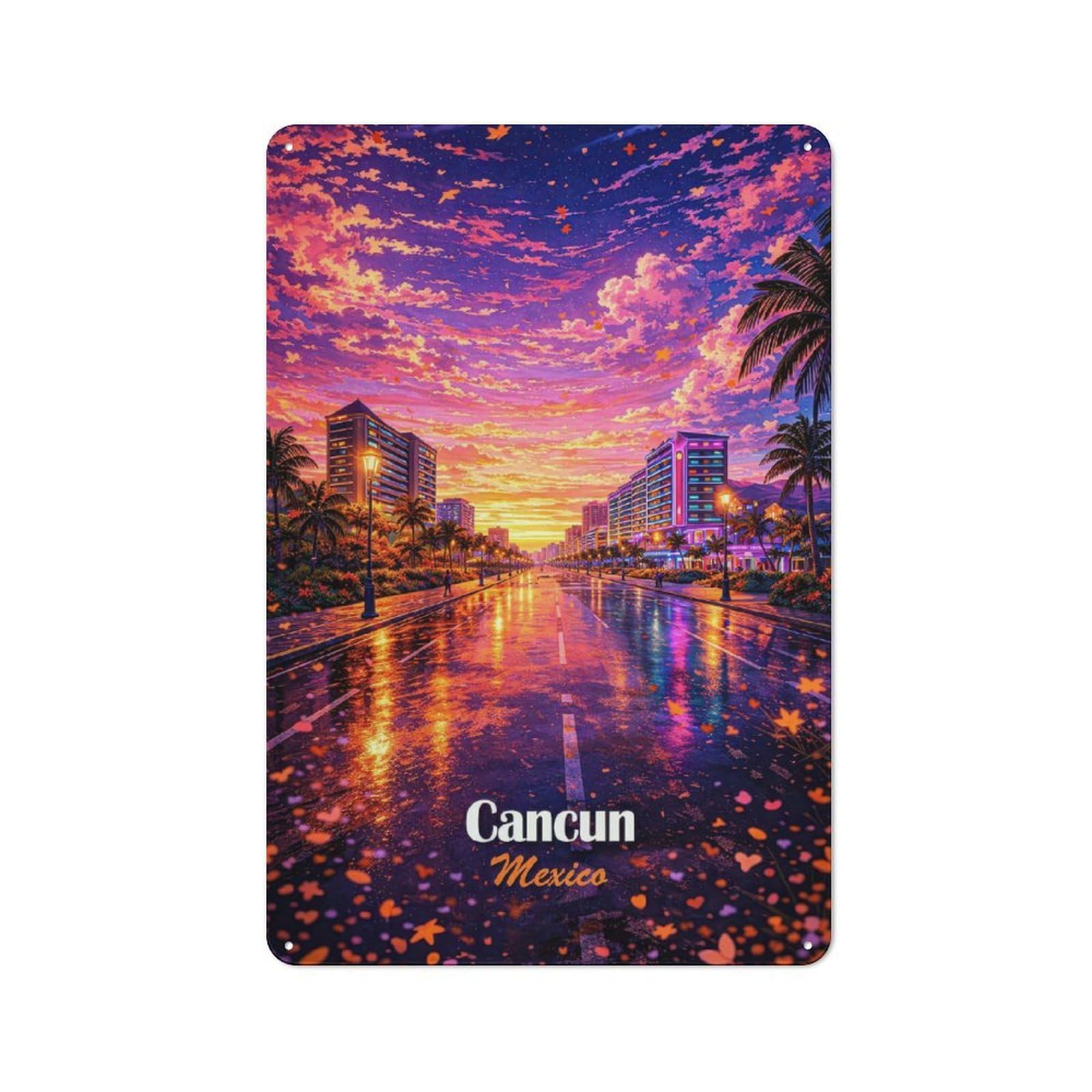 Junmoney Style-10 Retro-Style Tin Sign 30X20cm Featuring Cancun Mexico Sunset Street Scene For Hallway Wall, For Garage, Workshop And Man Cave Decoration
