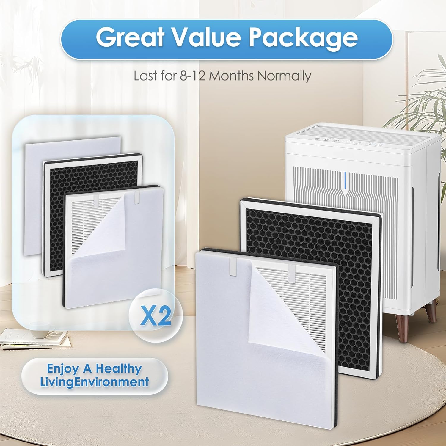 2 Pack HKB320F Replacement Filters for Mooka HKB320F Air Purifier, H13 True HEPA Filter, 3-in-1 Activated Carbon Filter, with 2 Pieces Washable Pre-Filters - Image 4