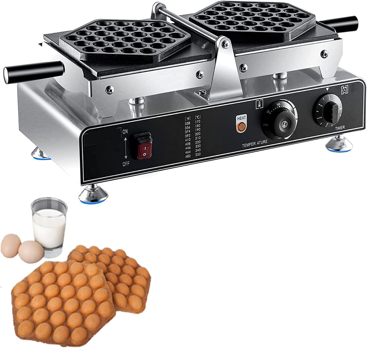Electric Egg Waffle Maker,1500W Commercial Bubble Waffle Maker with 0-5 Minutes Timer,Hong Kong Egg Puff Maker,Non Stick Egg Waffle Machine for Snack Shop,50-300℃ Adjustable,50x27x19.5cm,