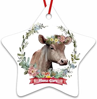Dinoz Merry Christmas Zebu Animal Watercolor, Floral Animal Tree Xmas Holiday Peronalized Tree Hanging Gift Decorations Decor Keepsake Print Both Sided Ceramic Star Ornament