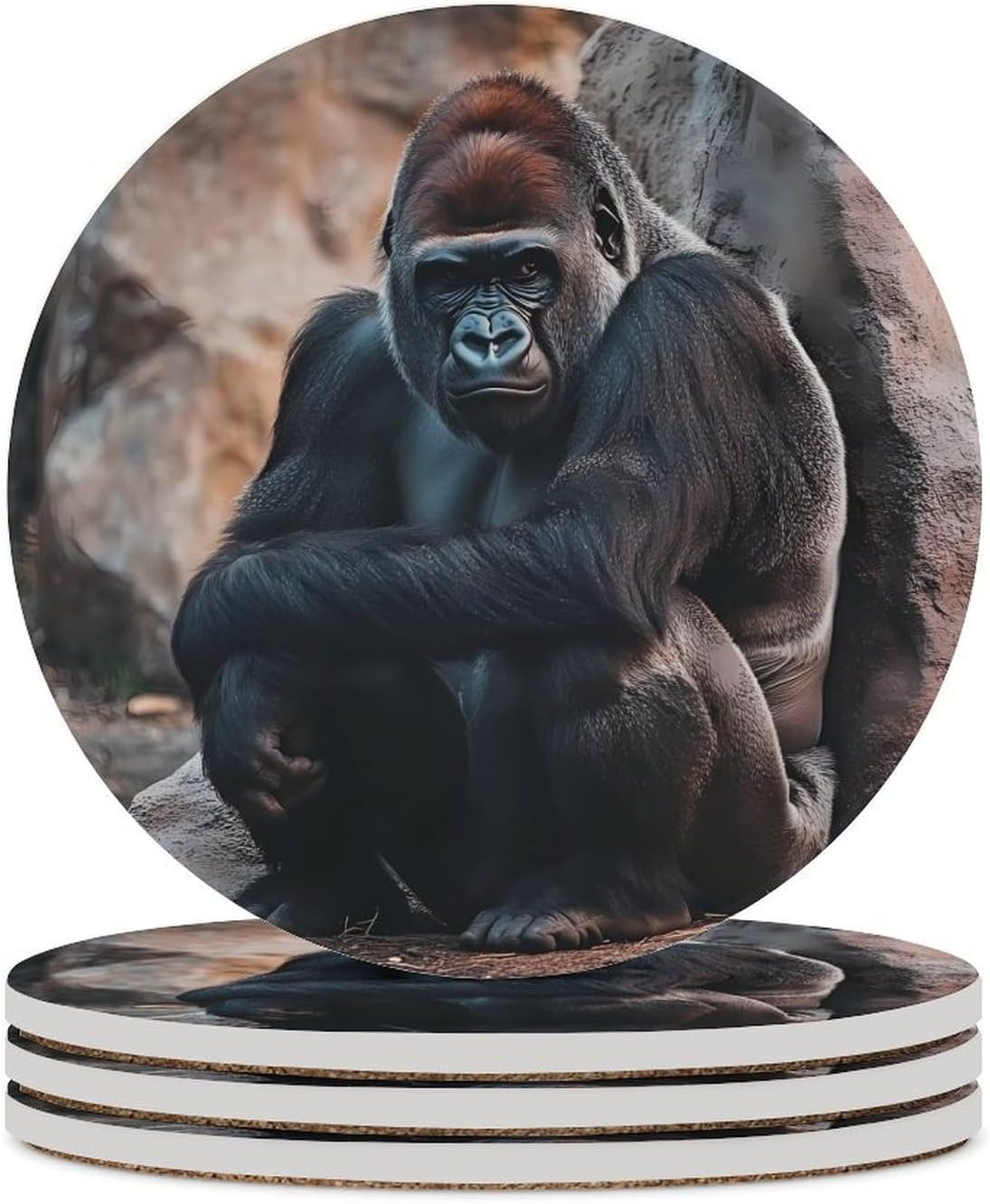 Wild Animal Gorilla Monkey Coasters for Drink Round Ceramic Coaster with Cork Base Home Decorative 6PCS