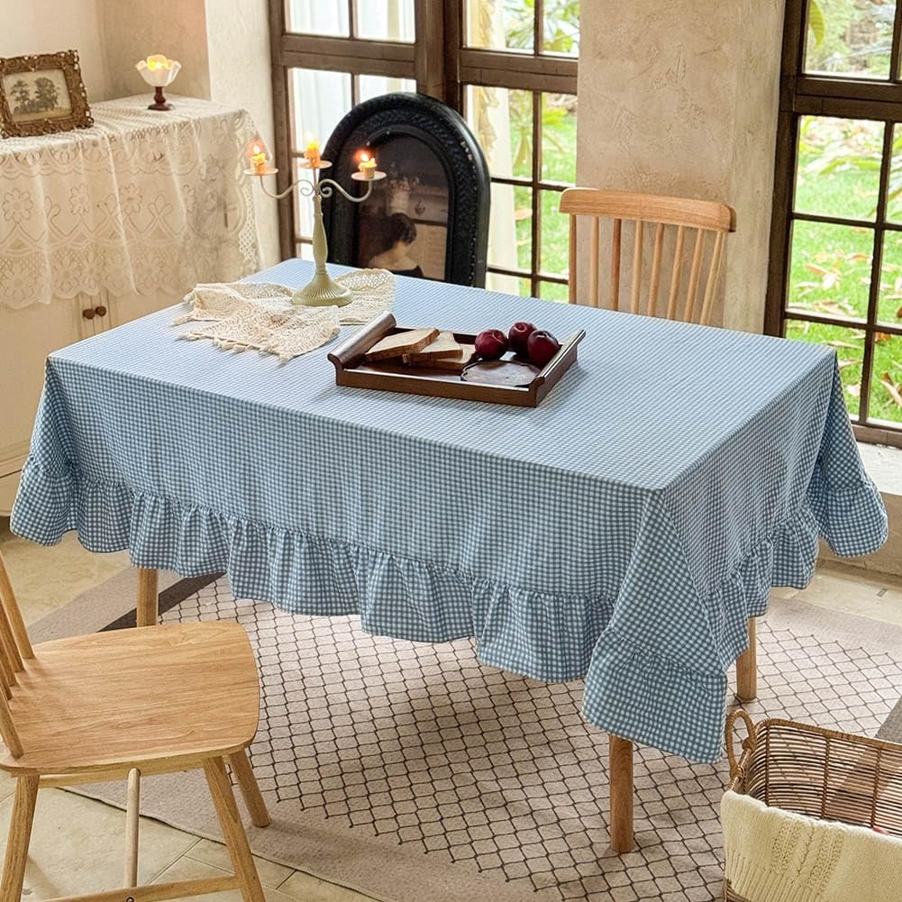 NSNLGSGC Light Blue Plaid Gingham Ruffled Tablecloth Rectangle 60"x84", Taupe Washed Cotton Blended Checkered Table Cover for Dining Room or Kitchen