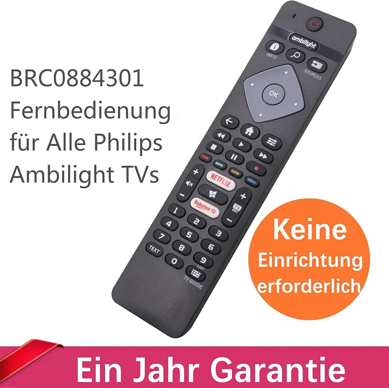 FOXRMT Univerzális Távirányító Philips Ambilight 4K Smart TV-hez - Előre Programozott Csere Távirányító Netflix Gombbal, 10m Hatótávolság