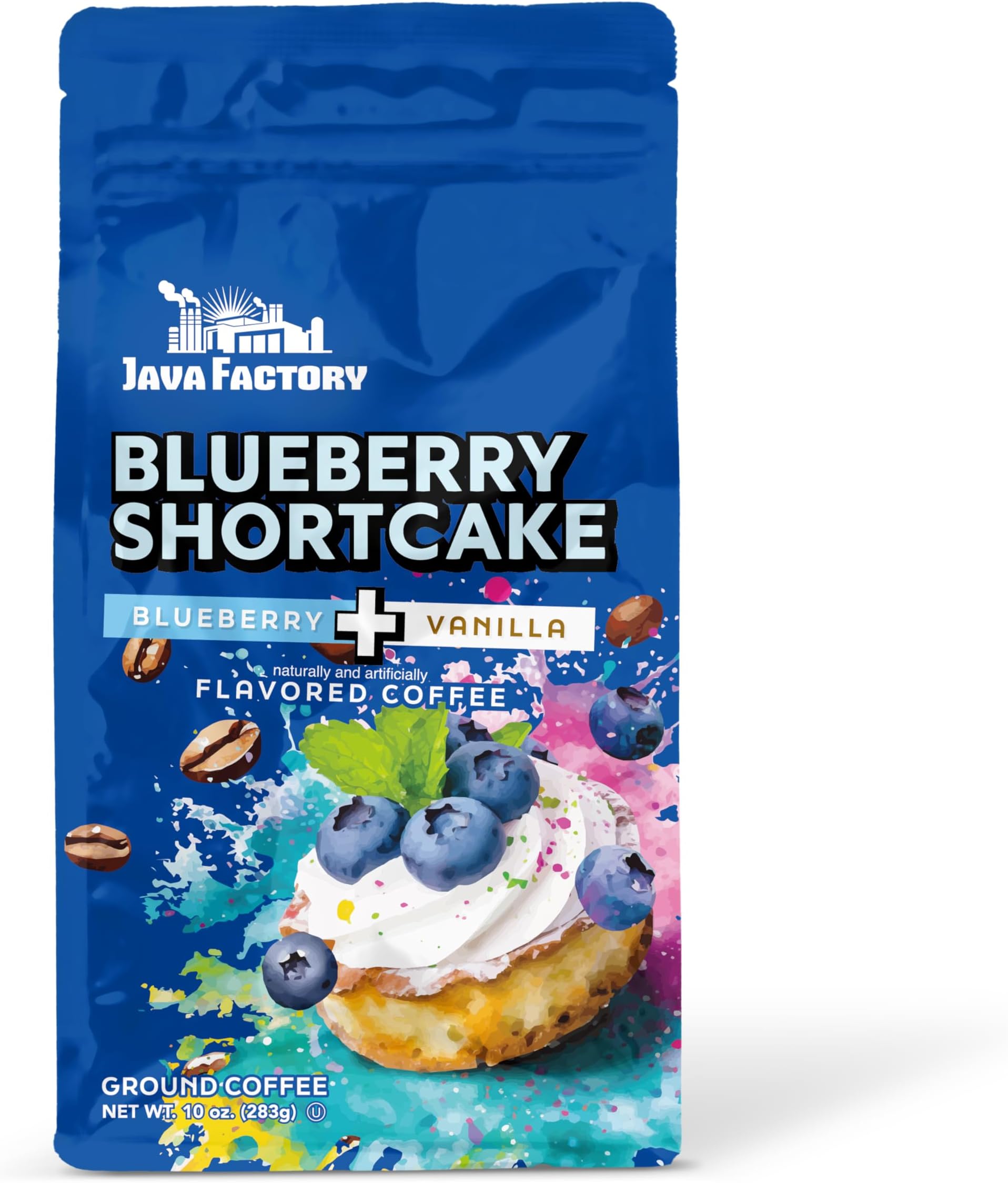 Java Factory Blueberry Shortcake Flavored Ground Coffee Bag – Blueberry and Vanilla Cream Brew, Made with 100% Arabica Beans - Flavor Enhanced, 10 Oz