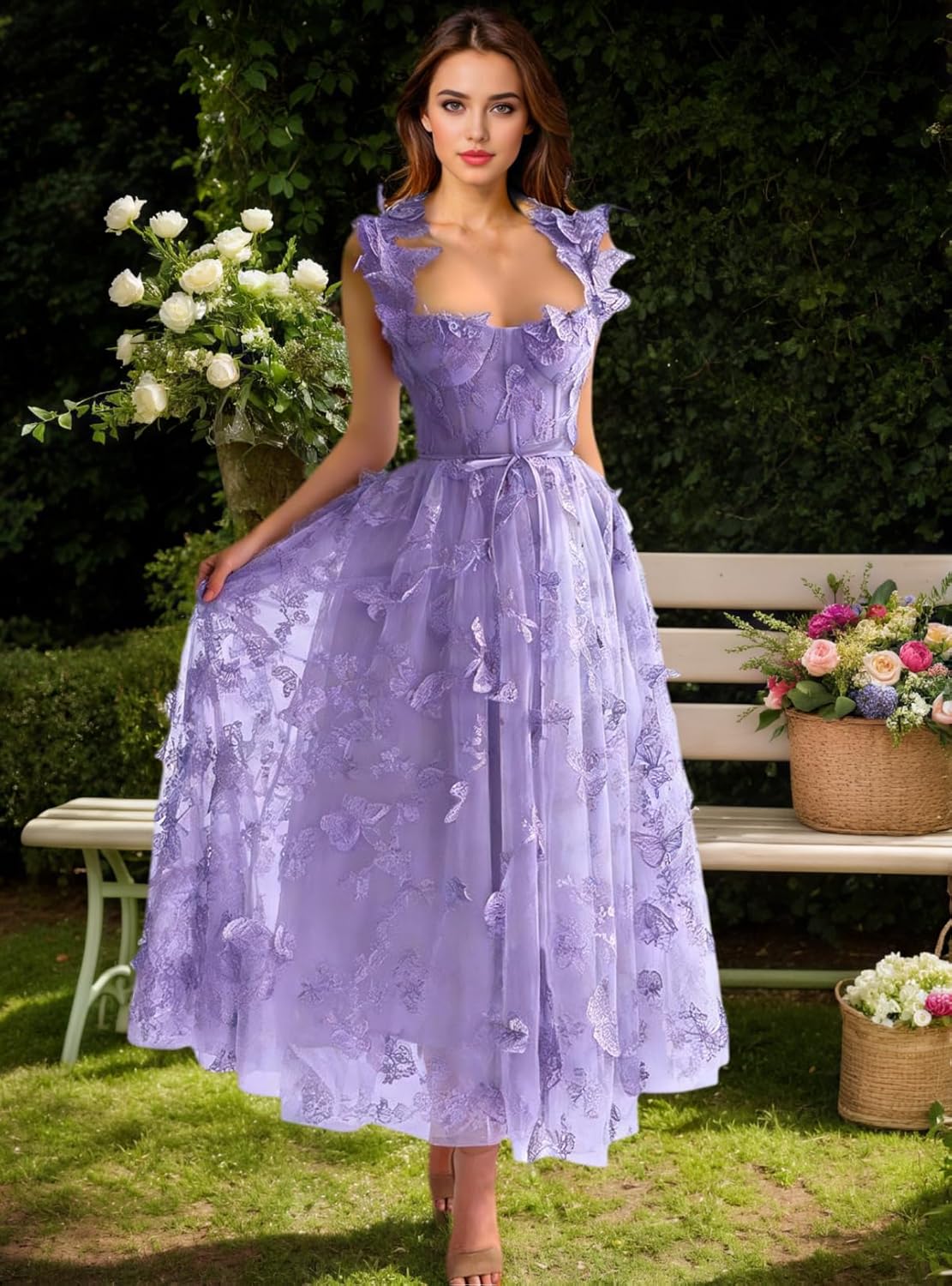 Tulle Lace Prom Dresses for Women Embroidery 3D Butterflies Spaghetti Straps Tea Length Formal Evening Gown