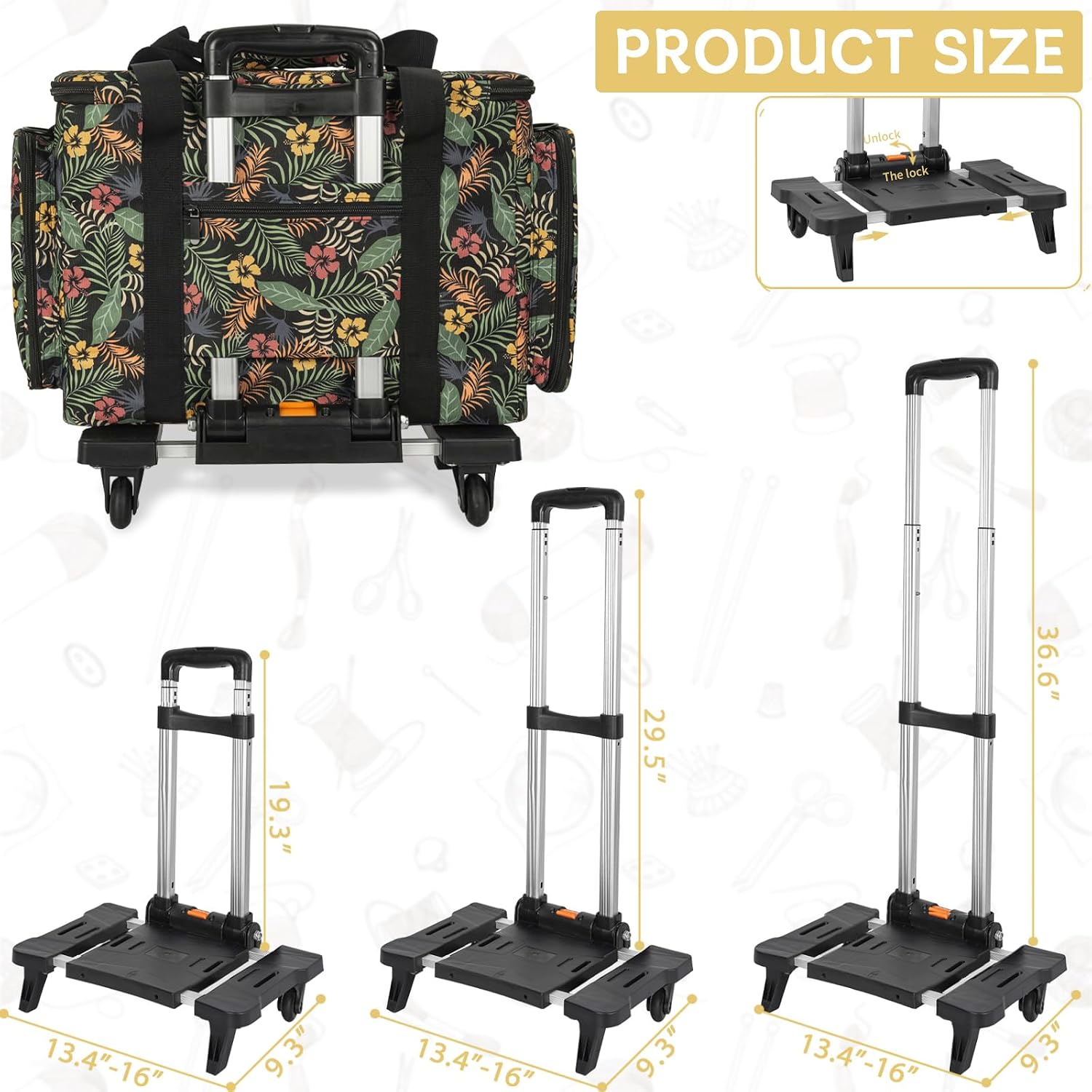 Sewing Machine Case with Wheels, Universal Rolling Trolley Tote with Shoulder Strap & Multiple Storage Pockets Compatible with Most Standard Singer, Brother, Janome, Floral