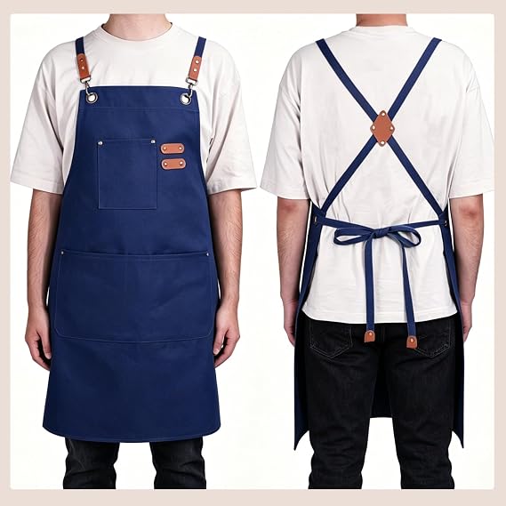 Chef Aprons for Men Women with Large Pockets, Cotton Canvas Water Repellent Kitchen Apron for Cooking