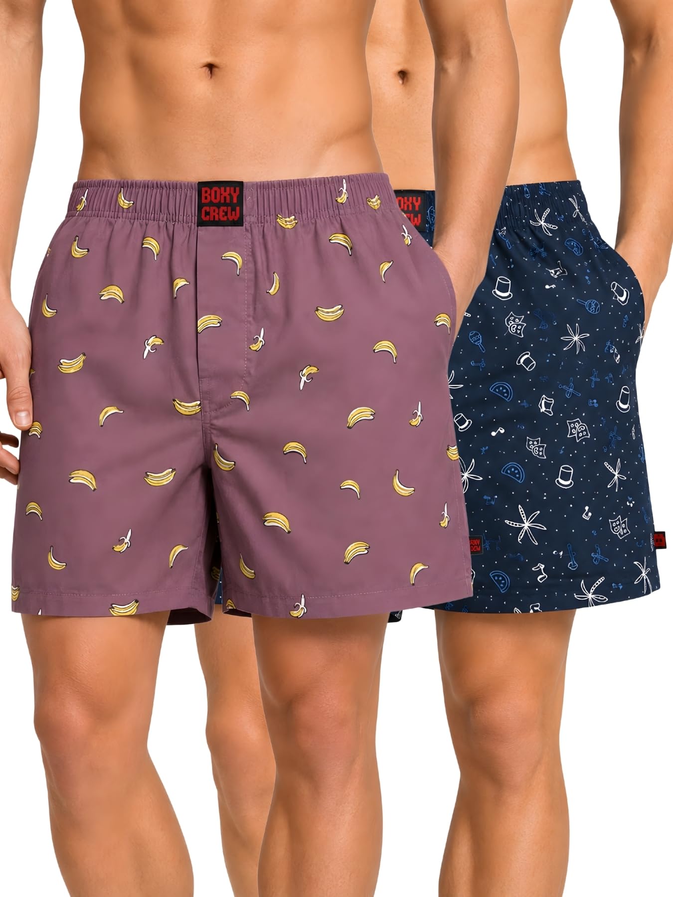 boxy crew Men Boxer Shorts Pack of 2, 100% Cotton Woven Boxers, Pink & Navy Blue, Printed Designs, Dual Side Pockets, No-Marks Inner Elastic Waistband, Relaxed Fit Lounge & Sleep Shorts-picture-17