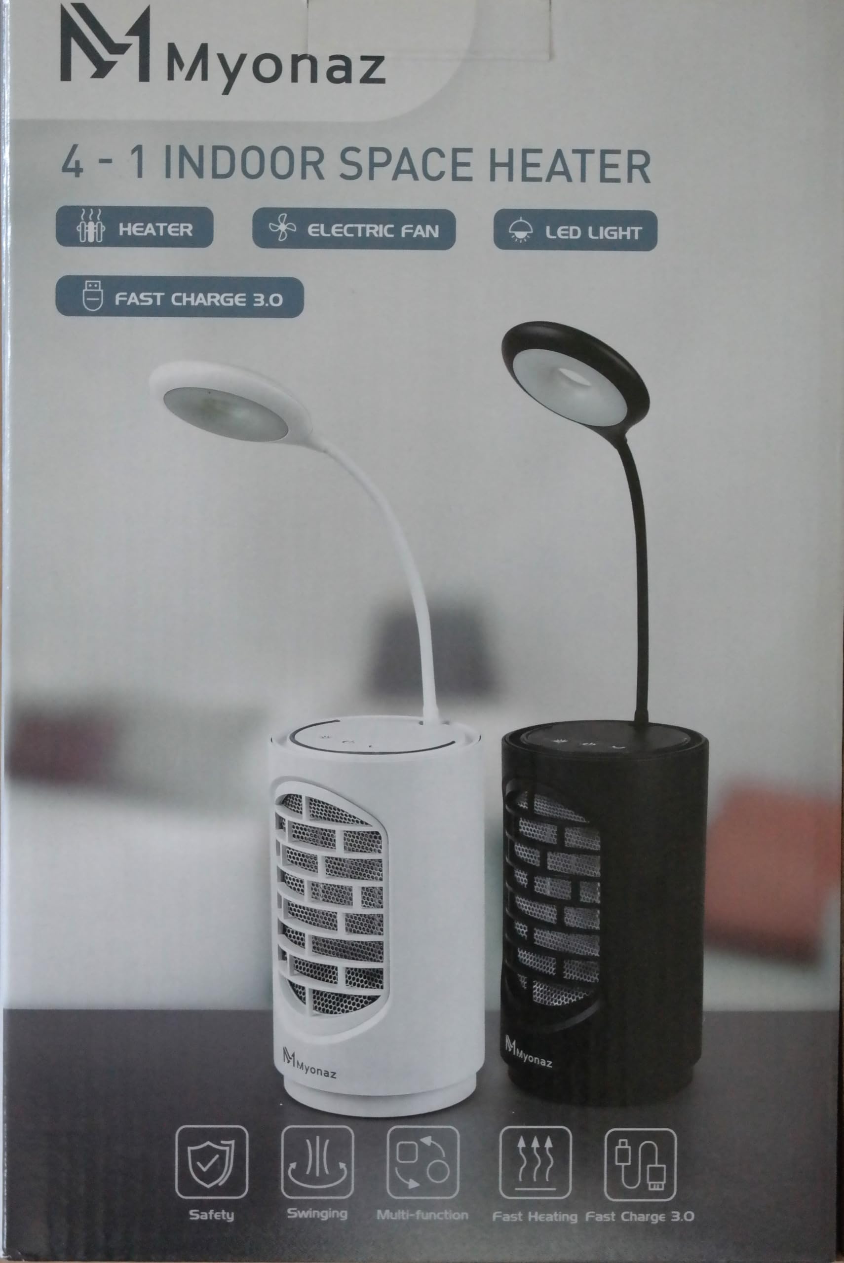 Black Mini Ceramic Space Heater or Cooler 500W Personal Heater with LED Reading Light & Fast USB Charge for Mobile Phones. Comes with Wall Plug