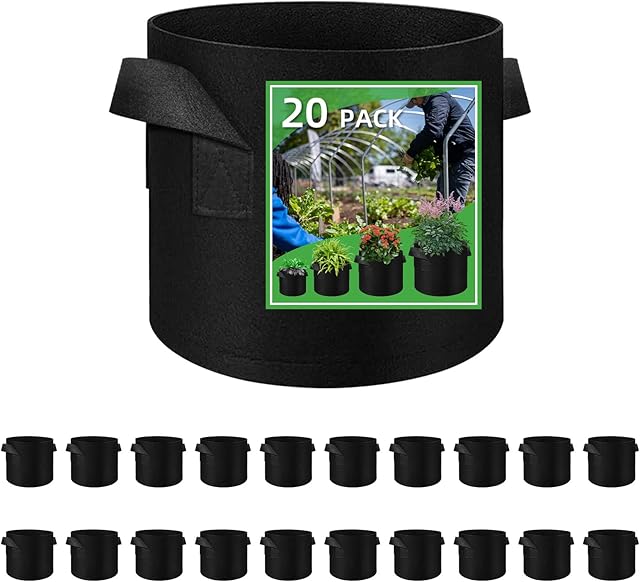 20 Pack Vegetable Grow Bags, Gardening Plant Growing Bags Breathable Non-woven Fabric Plant Pots with Handles Indoor & Outdoor Grow Containers for Vegetable/Flower/Plant/Fruits, 10 Gallon(Black)