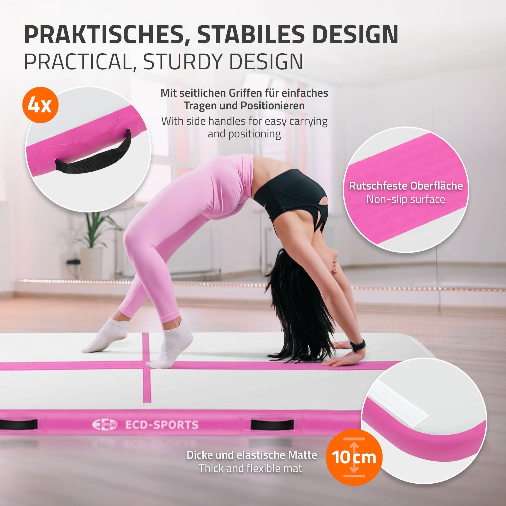 ECD Germany Aufblasbare Gymnastikmatte Turnmatte Airtrack 3m/4m/5m, Rosa/Mint-Grün, Tumbling Matte Air Matte Track Trainingsmatte Sportmatte Fitnessmatte Yogamatte mit Tragetasche & elektr. Luftpumpe