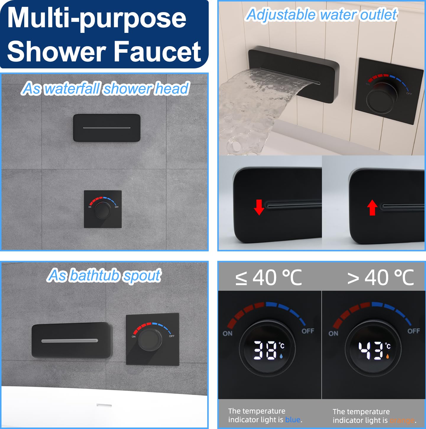 Delnet Wall Mounted Bath Tap, Concealed Waterfall Basin Tap with Digital Display Shower Valve - Image 2