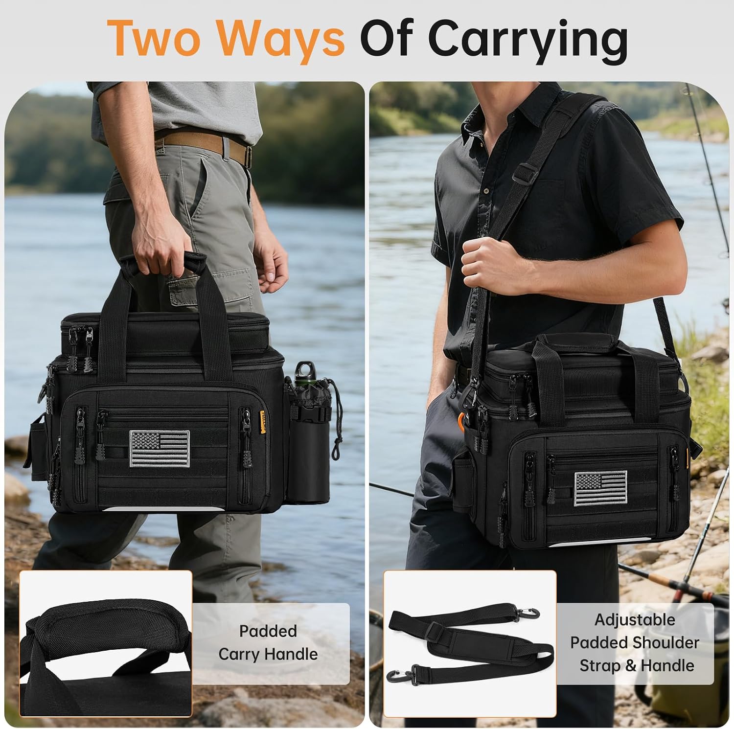 Fishing Tackle Bags with 4 * 3600 Tackle Trays - Saltwater & Freshwater Fishing Gear Bag Padded Shoulder Strap Tackle Box Bag (Black)