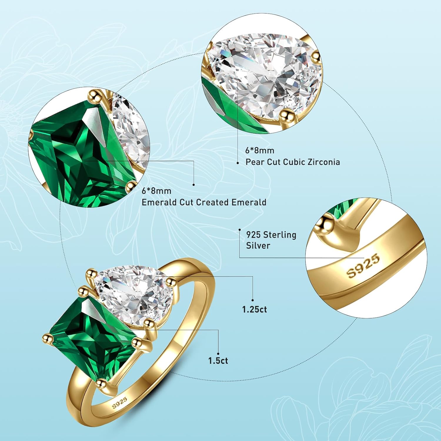 2.75ct 14K Gold Plated Toi Et Moi Women's Engagement Ring 6x8mm Pear & Emerald Cut Double Stone Ring AAAAA Cubic Zirconia 925 Sterling Silver Wedding Band Width 2mm Size 5-9 - Image 3