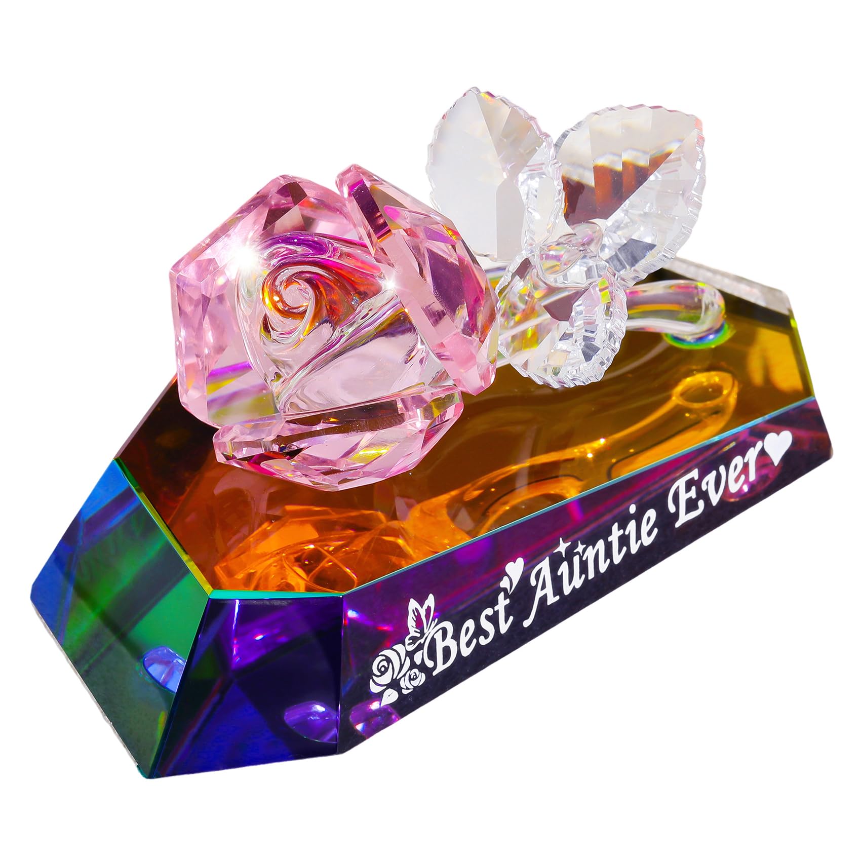 Multicolor Crystal Rose Figurines Gifts for Best Auntie Ever on Birthday Mother's Day Presents from Nephew Niece for Aunty Keepsake Decorative Glass Flower Ornaments for Home Living Room Party